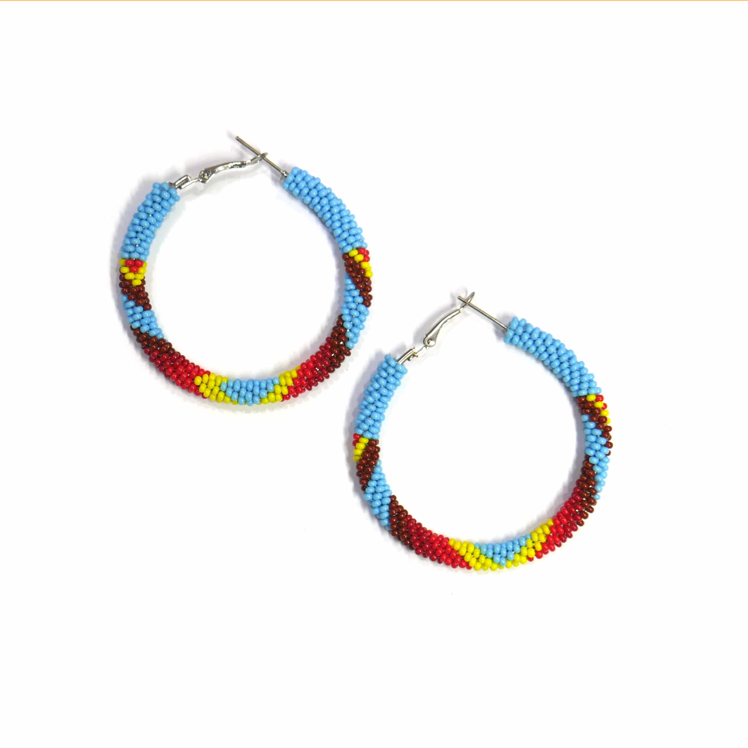 Native American Style Beaded Hoop Earrings Sky-Blue Fire