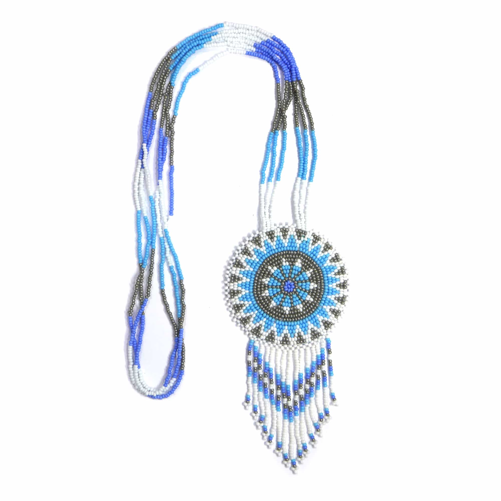 Native American Beaded Medallion Necklace (White-Sky-Blue