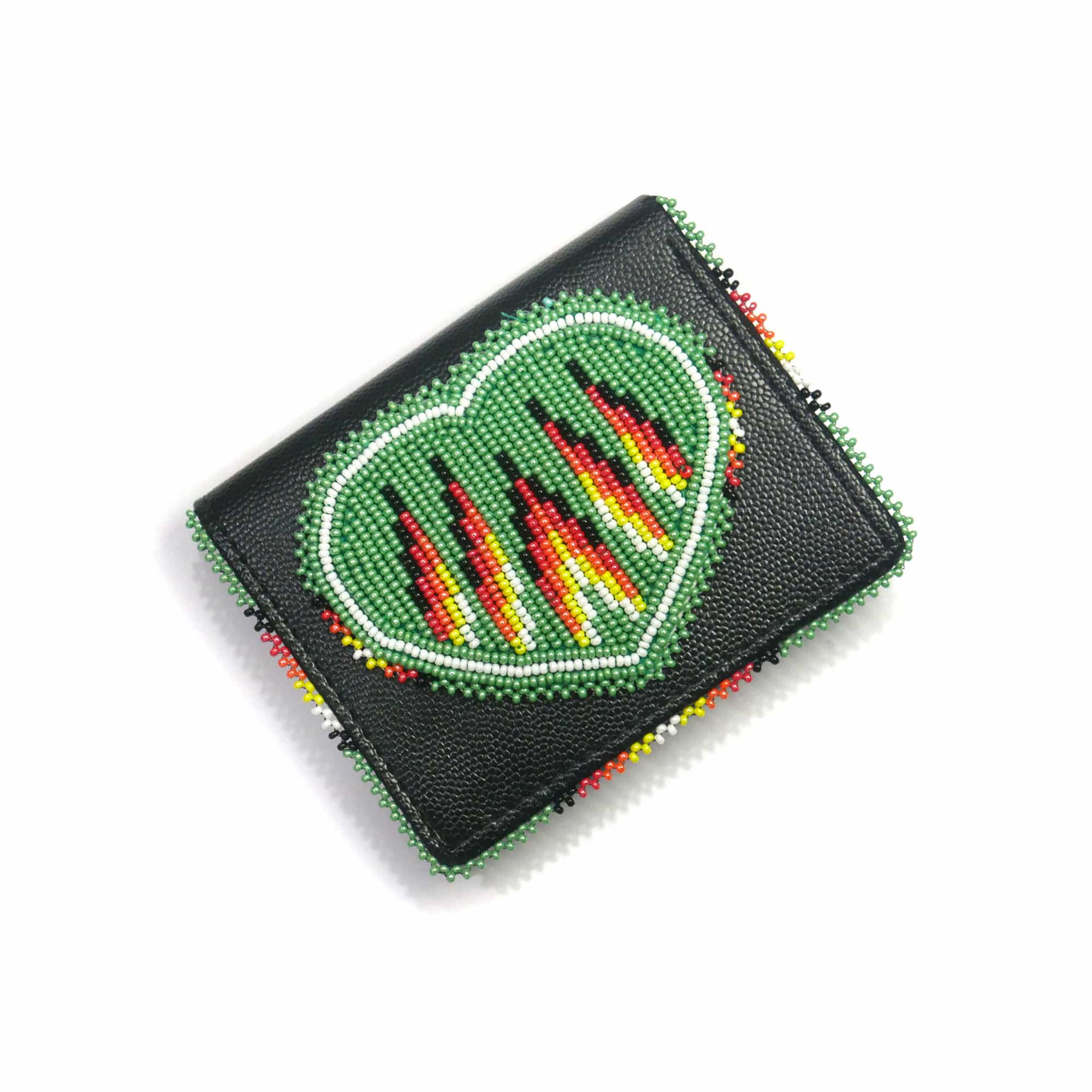 Native Beaded Leather Purse, Coin Purse , Card Holder (Green Heart )