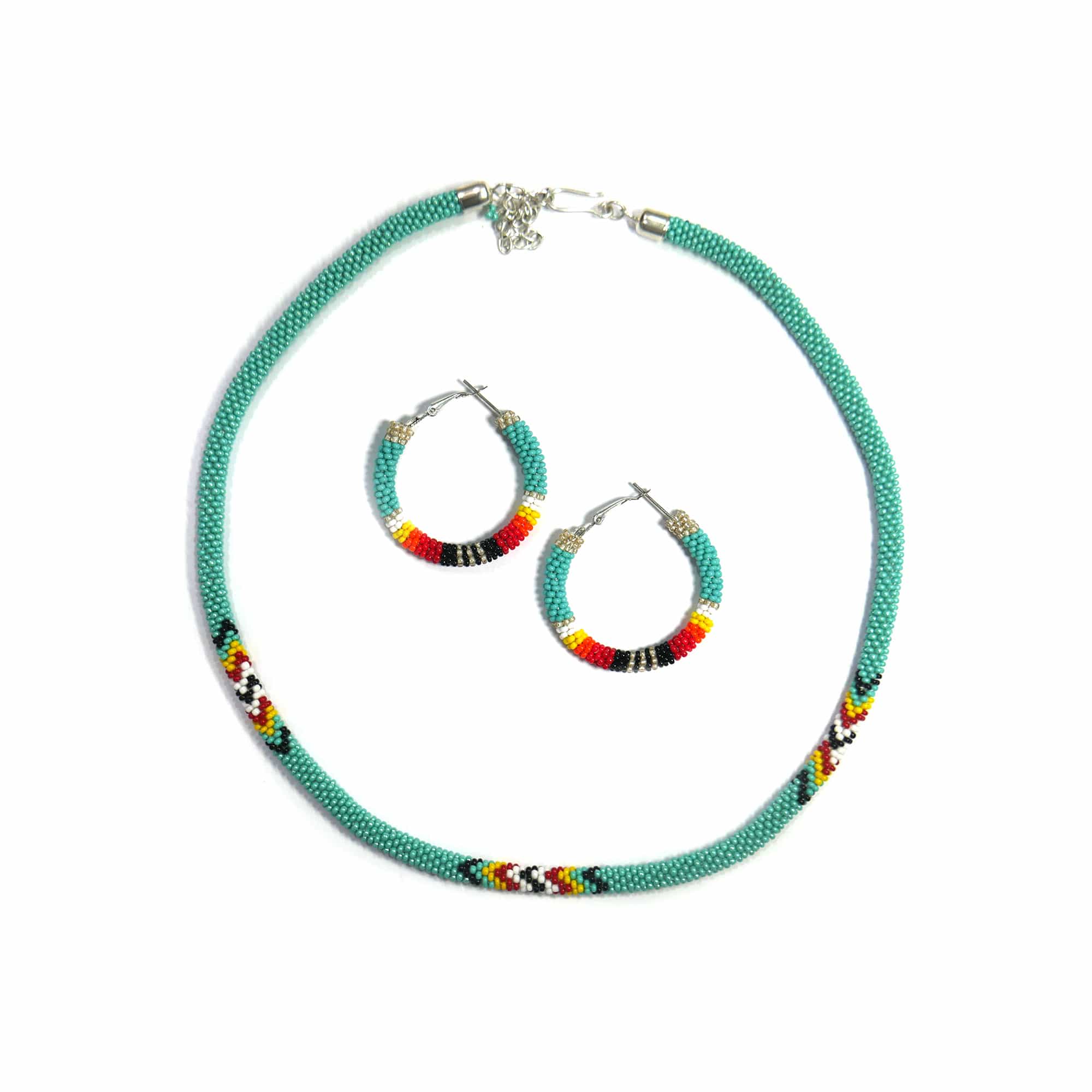 Turquoise Native American Beaded Crochet Rope Necklace With Matching Earring