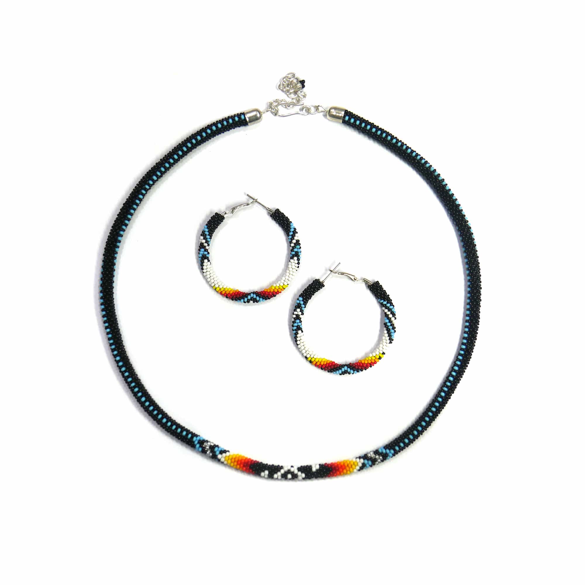 Black Native American Beaded Crochet Rope Necklace With Matching Earring