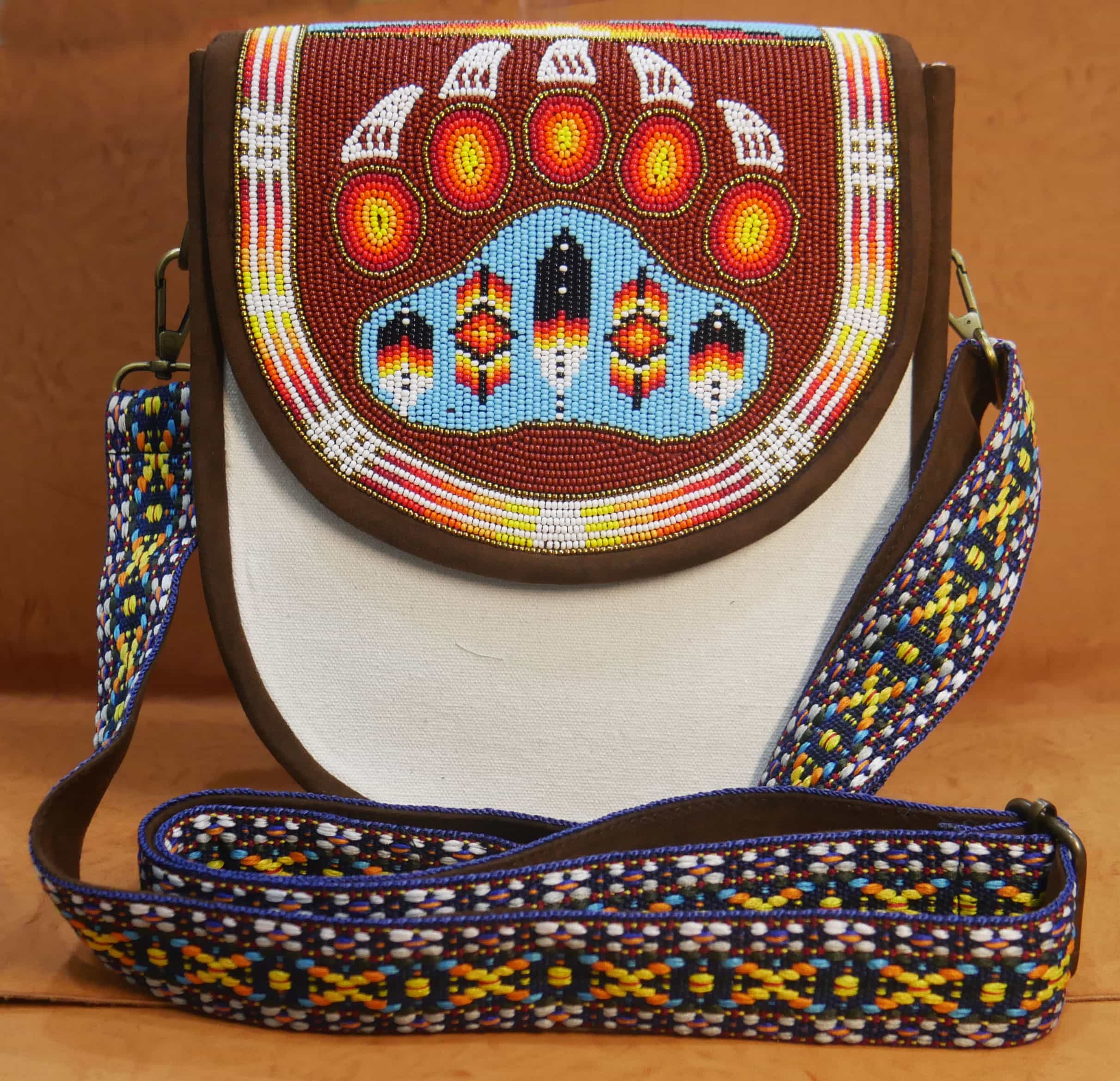 Handmade Native American Beaded Canvas Crossbody Bag , Shoulder Bag, Gift for Her, Gift for him ( Brown-Bear-Paw)