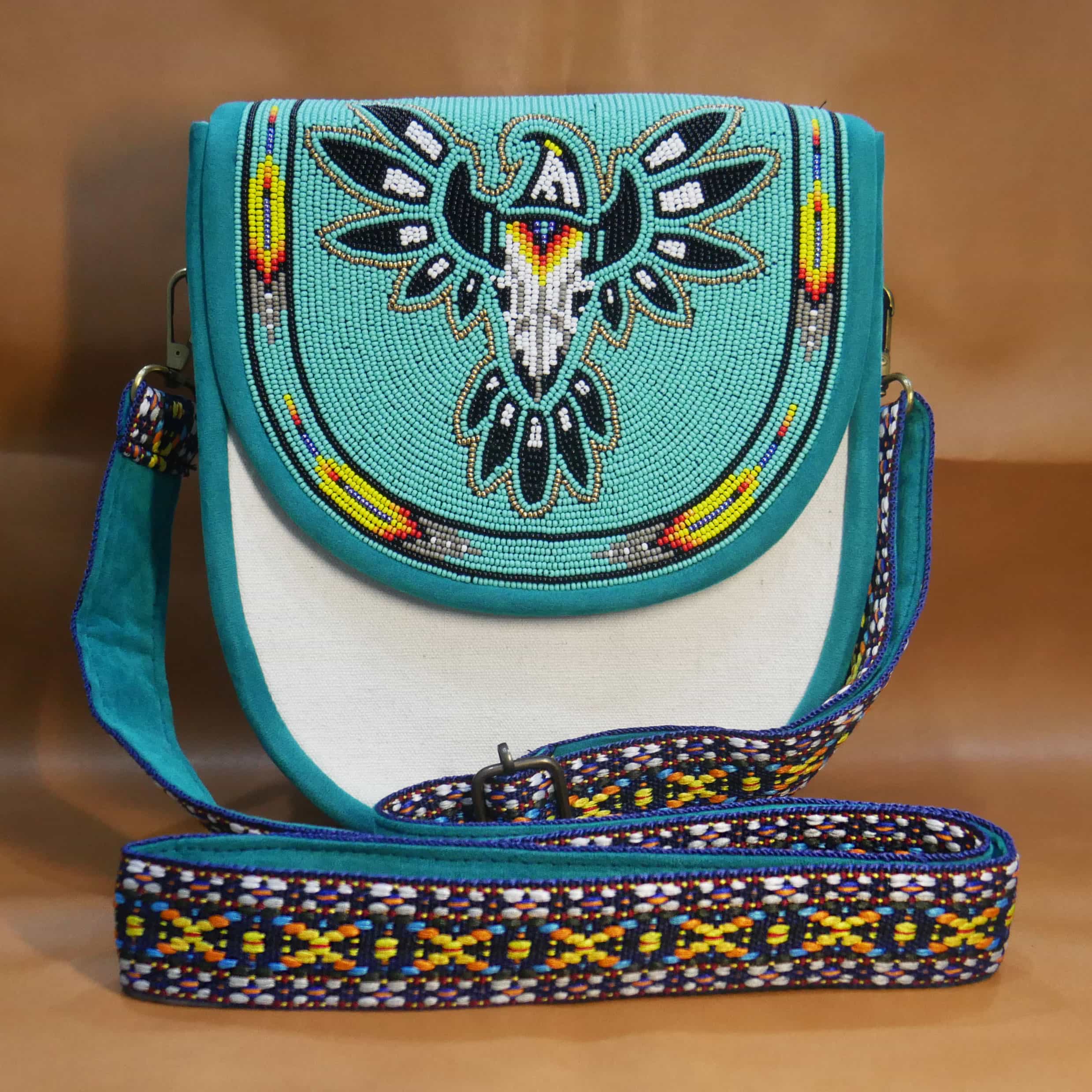 Handmade Native American Beaded Canvas Crossbody Bag , Shoulder Bag, Gift for Her, Gift for him ( Turquoise Thunderbird Skull )