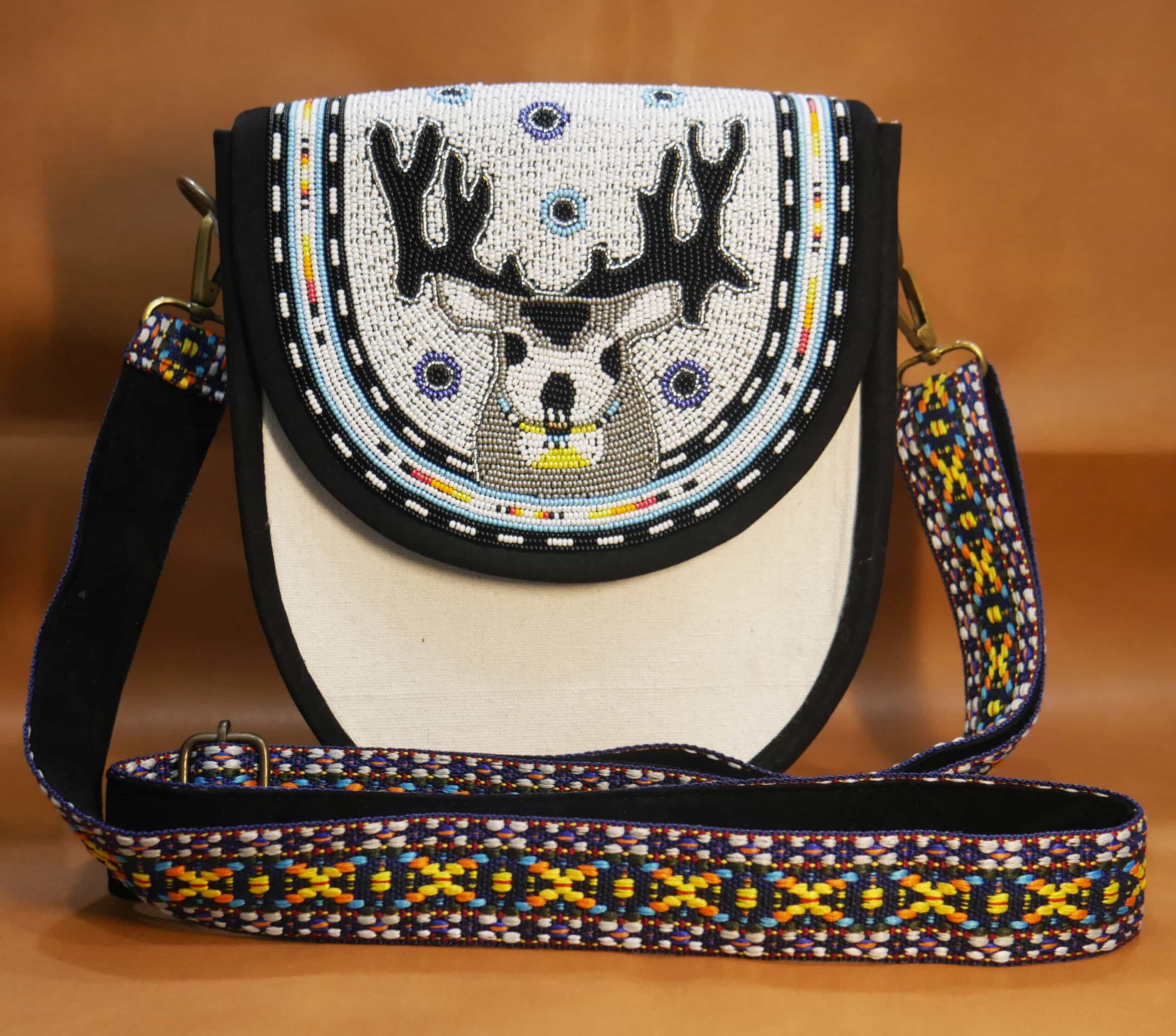 Handmade Native American Beaded Canvas Crossbody Bag , Shoulder Bag, Gift for Her, Gift for him ( White & Black Reindeer  )