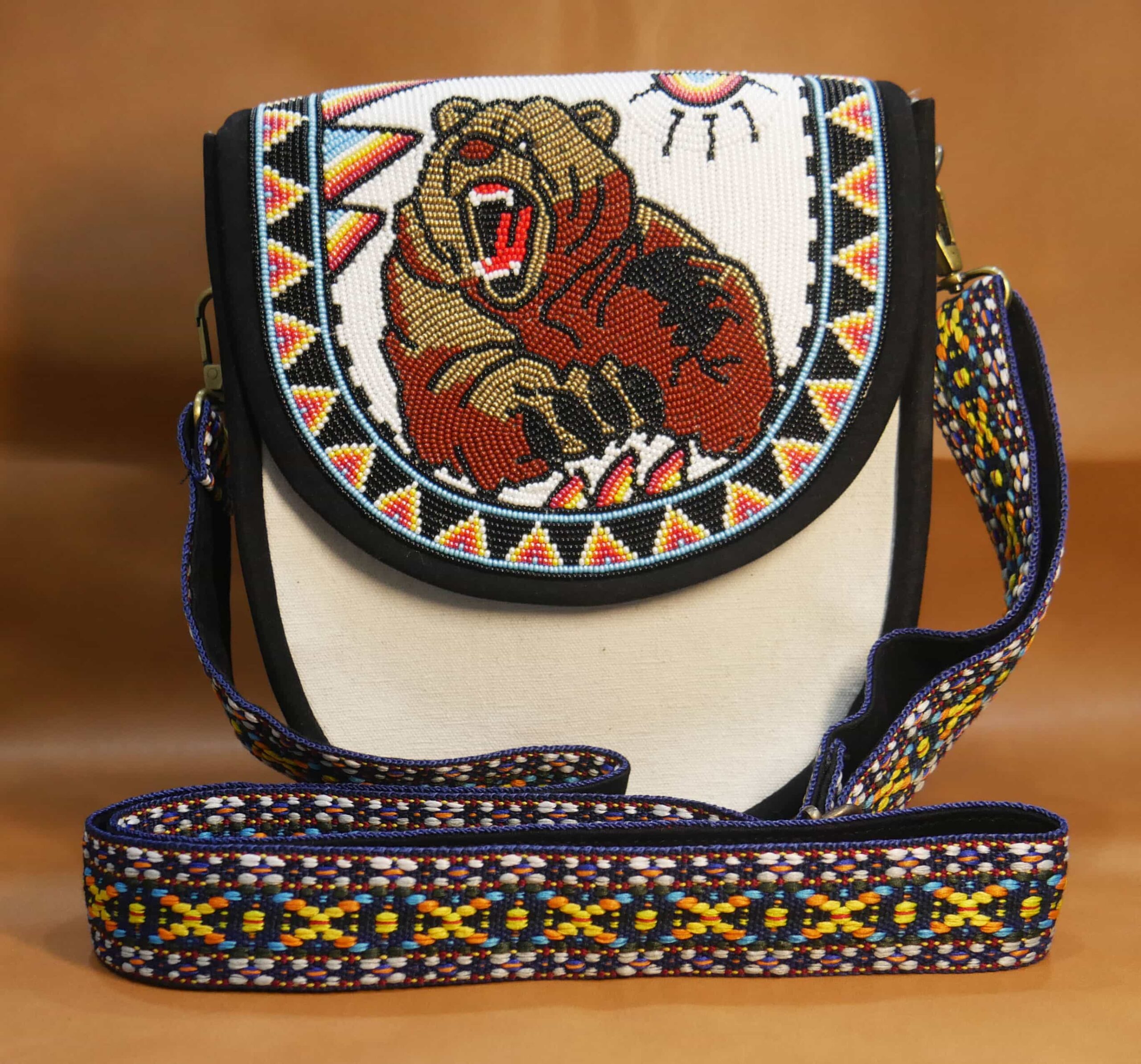 Handmade Native American Beaded Canvas Crossbody Bag , Shoulder Bag, Gift for Her, Gift for him ( White & Black Bear)