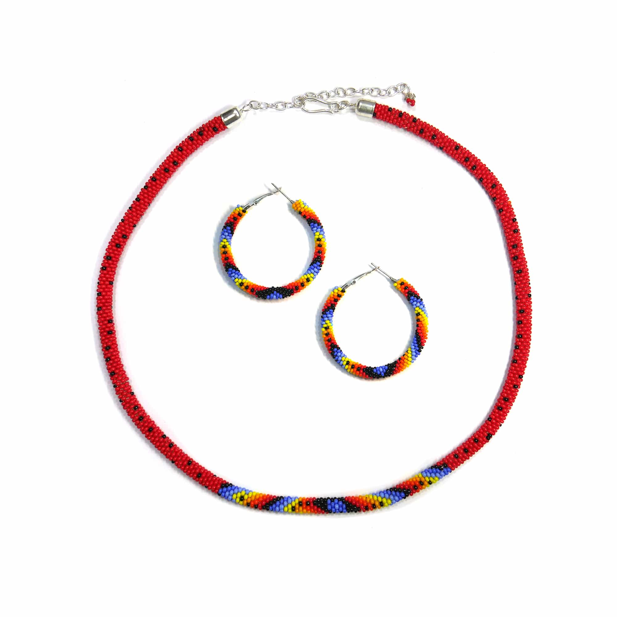 Red Native American Beaded Crochet Rope Necklace With Matching Earring