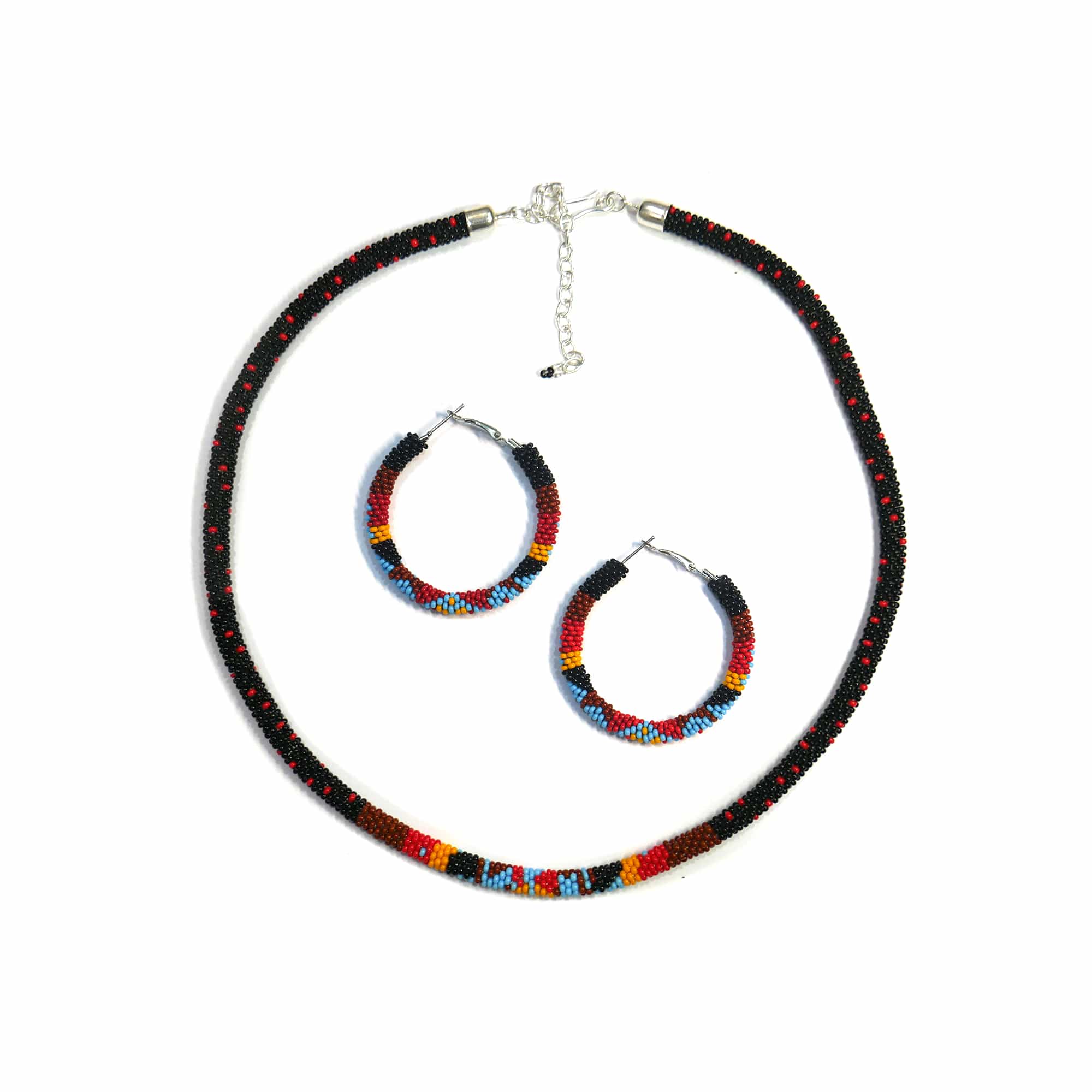 Black & Brown Native American Beaded Crochet Rope Necklace With Matching Earring