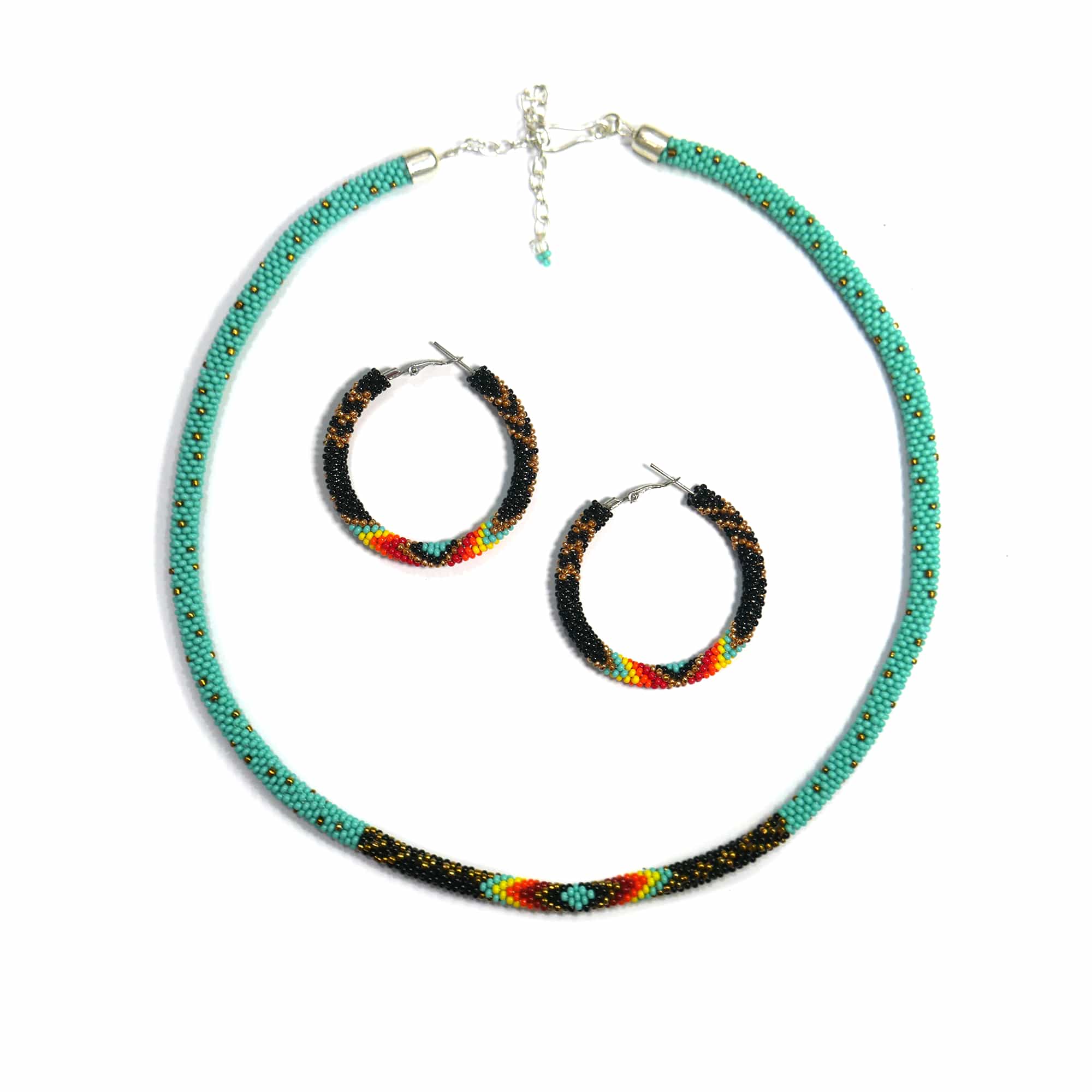 Turquoise Native American Beaded Crochet Rope Necklace With Matching Earring