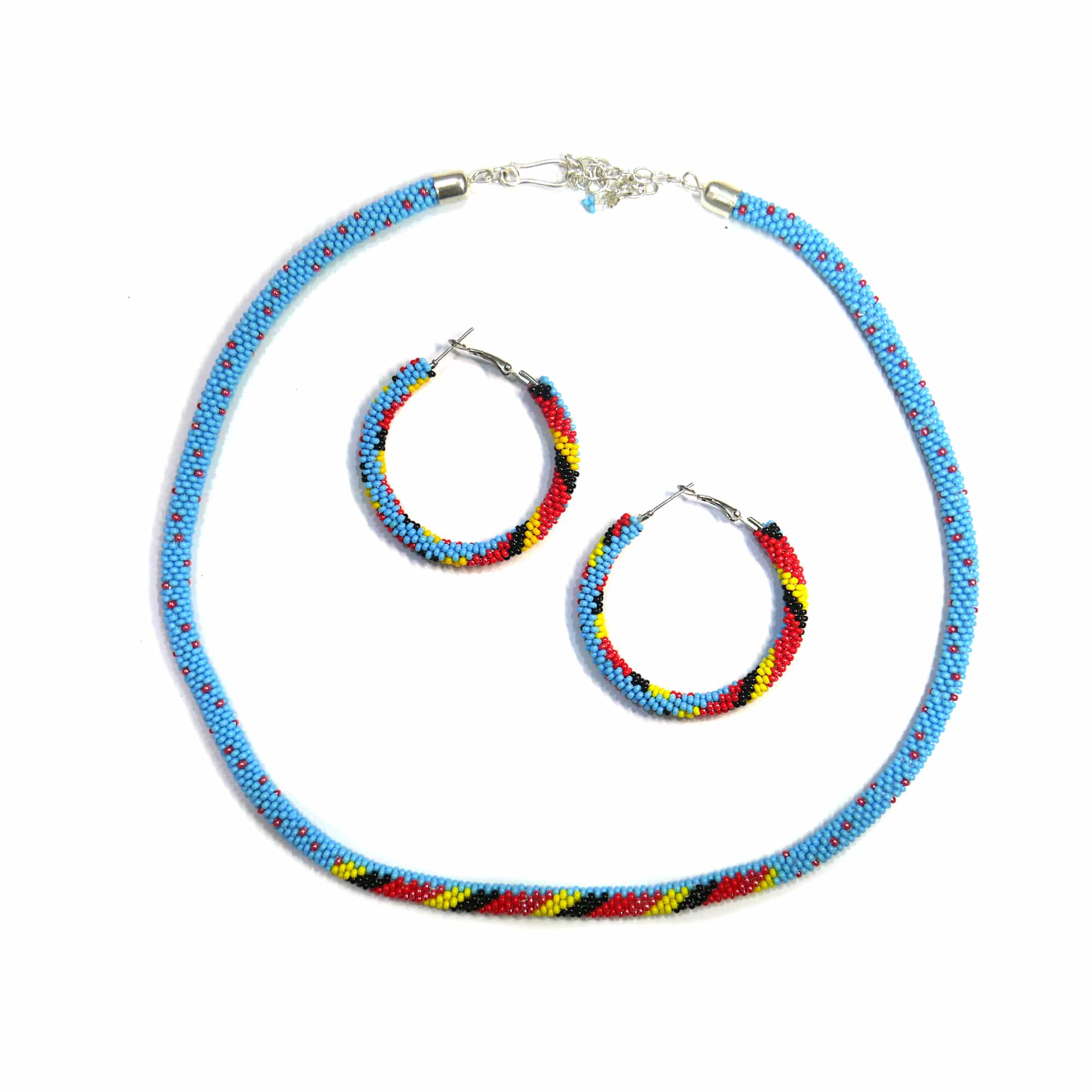 Sky-Blue Red Native American Beaded Crochet Rope Necklace With Matching Earring