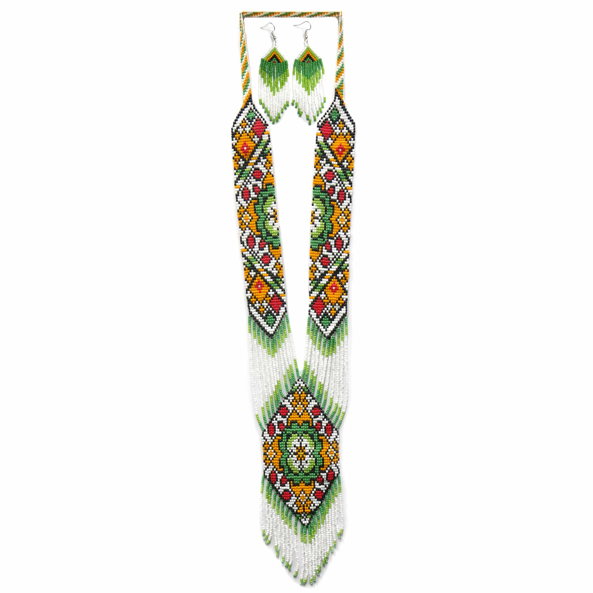 Handmade Native American Beaded Necklace Set ( Green Multi )