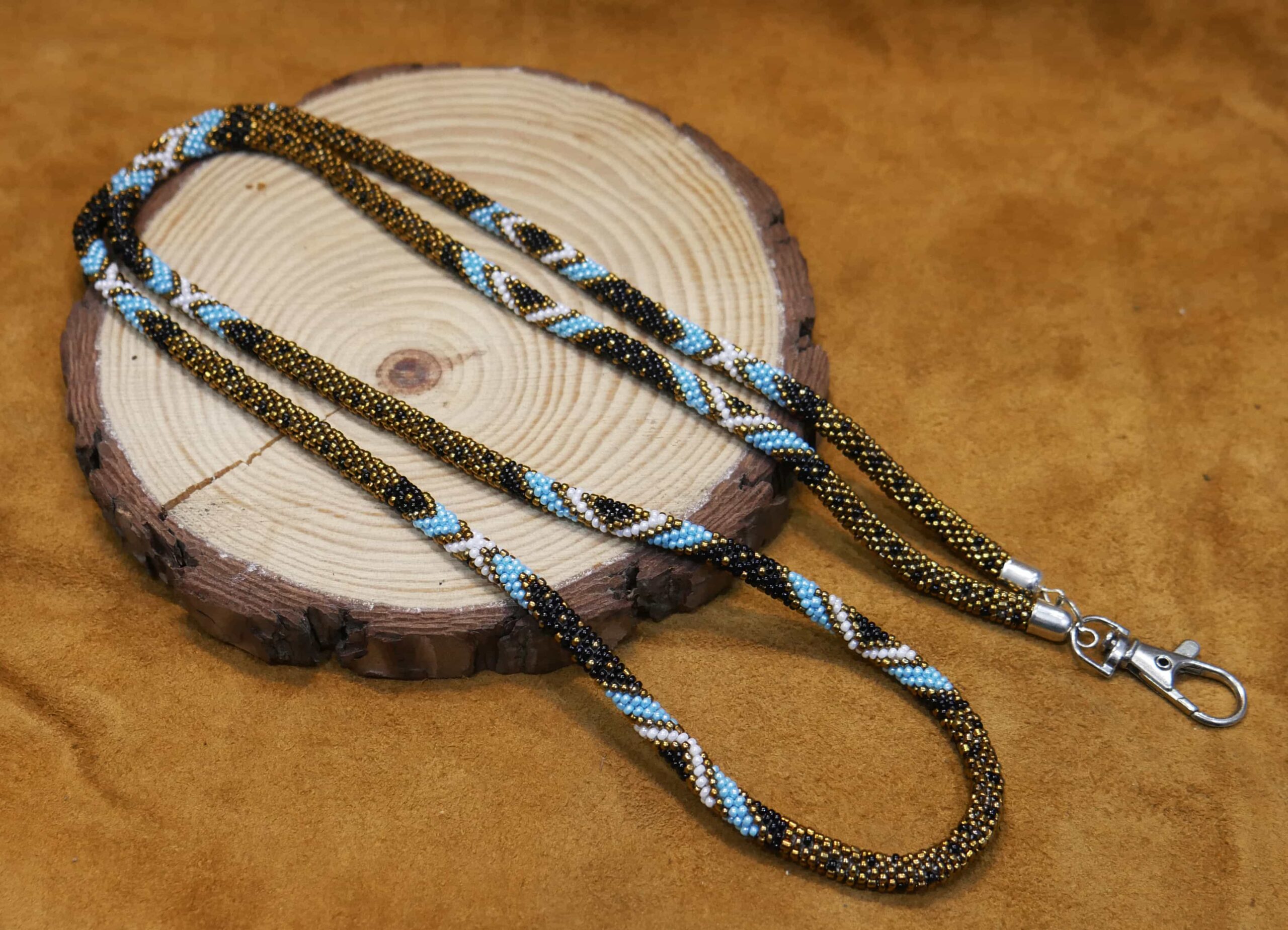 Black & Golden Multi Handmade Native American Green Beaded Crochet Rope Id Holder