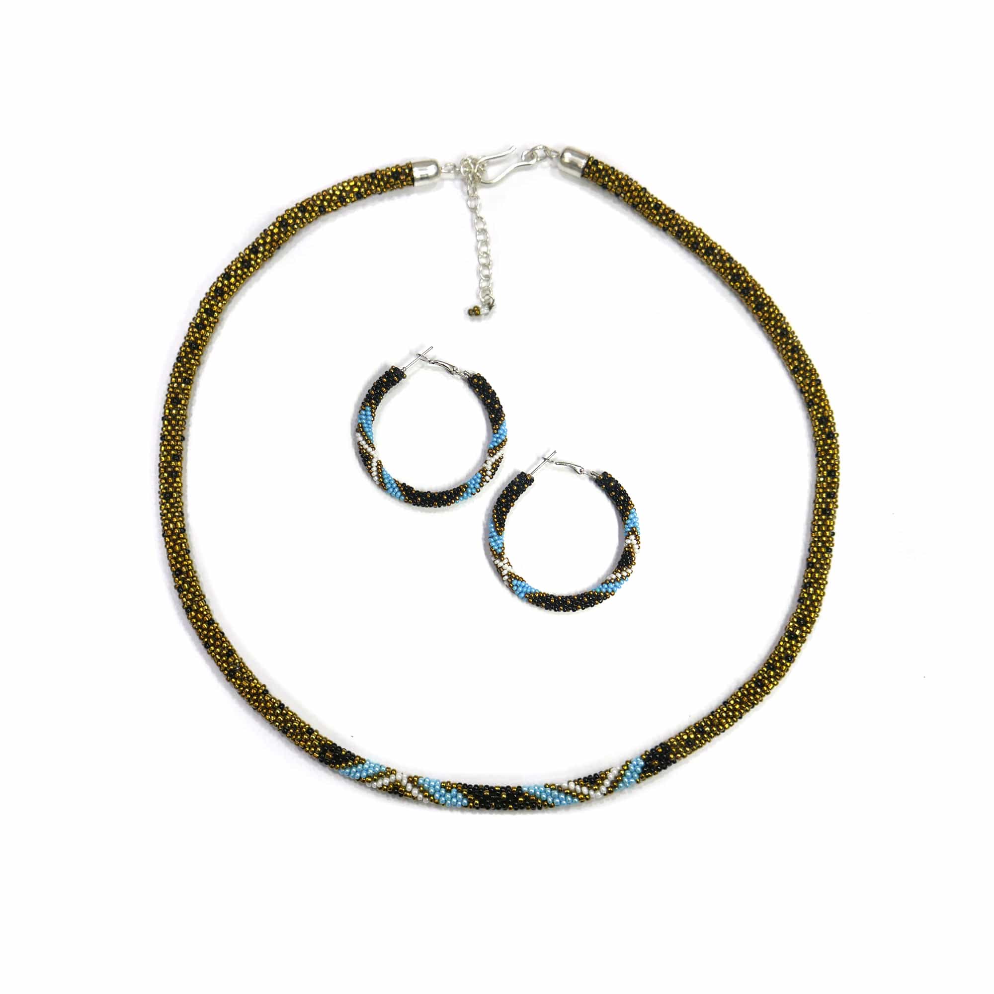 Black & Golden Multi Native American Beaded Crochet Rope Necklace With Matching Earring