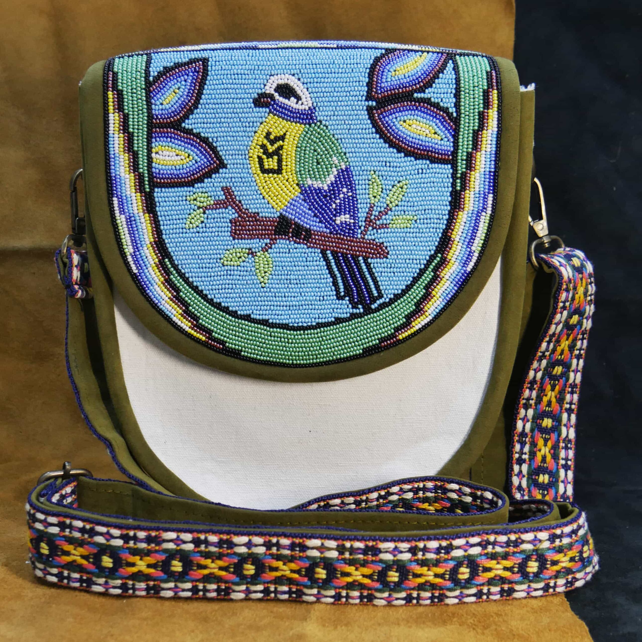 Handmade Native American Beaded Canvas Crossbody Bag , Shoulder Bag, Gift for Her, Gift for him ( Sky-Blue Bird )