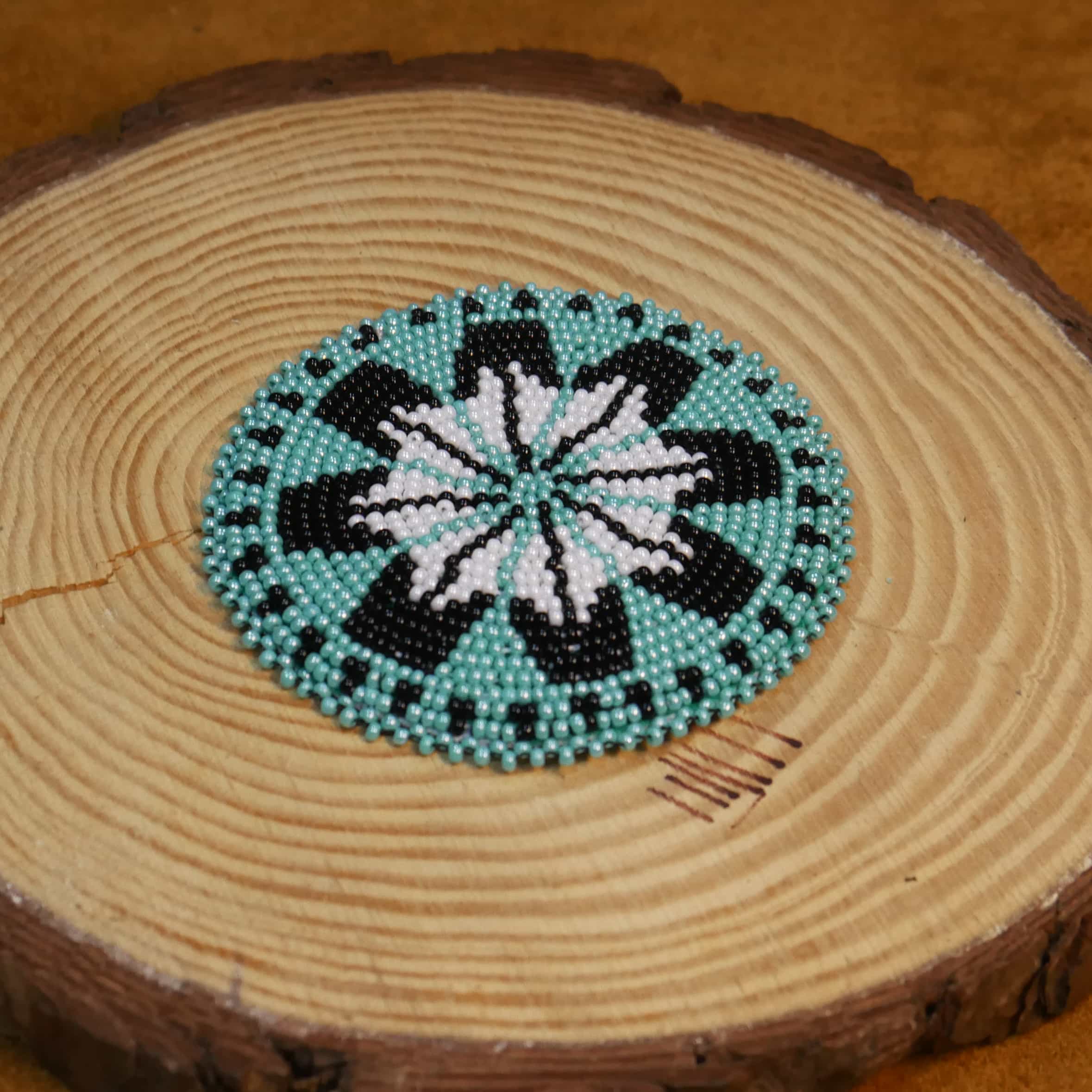 2.75 inch Star seed bead Rosette beaded patch, medallion, rosette applique Turquoise & Black