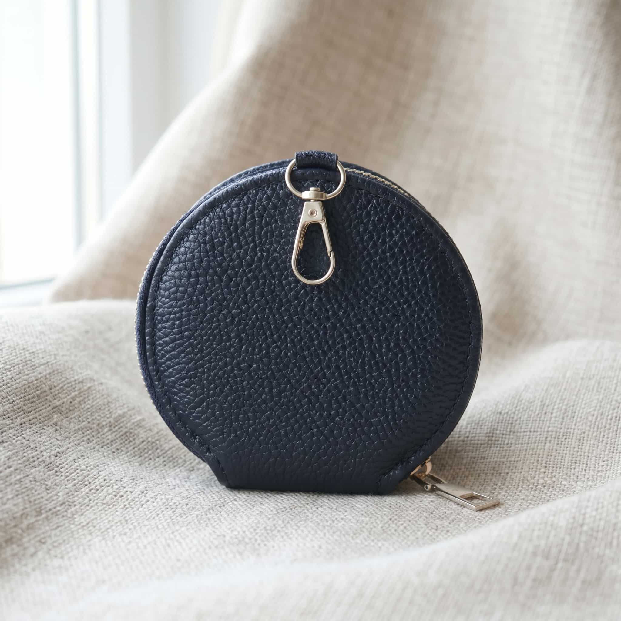 Leather Round Zipper Coin Bag Minimalist wallet (Black)