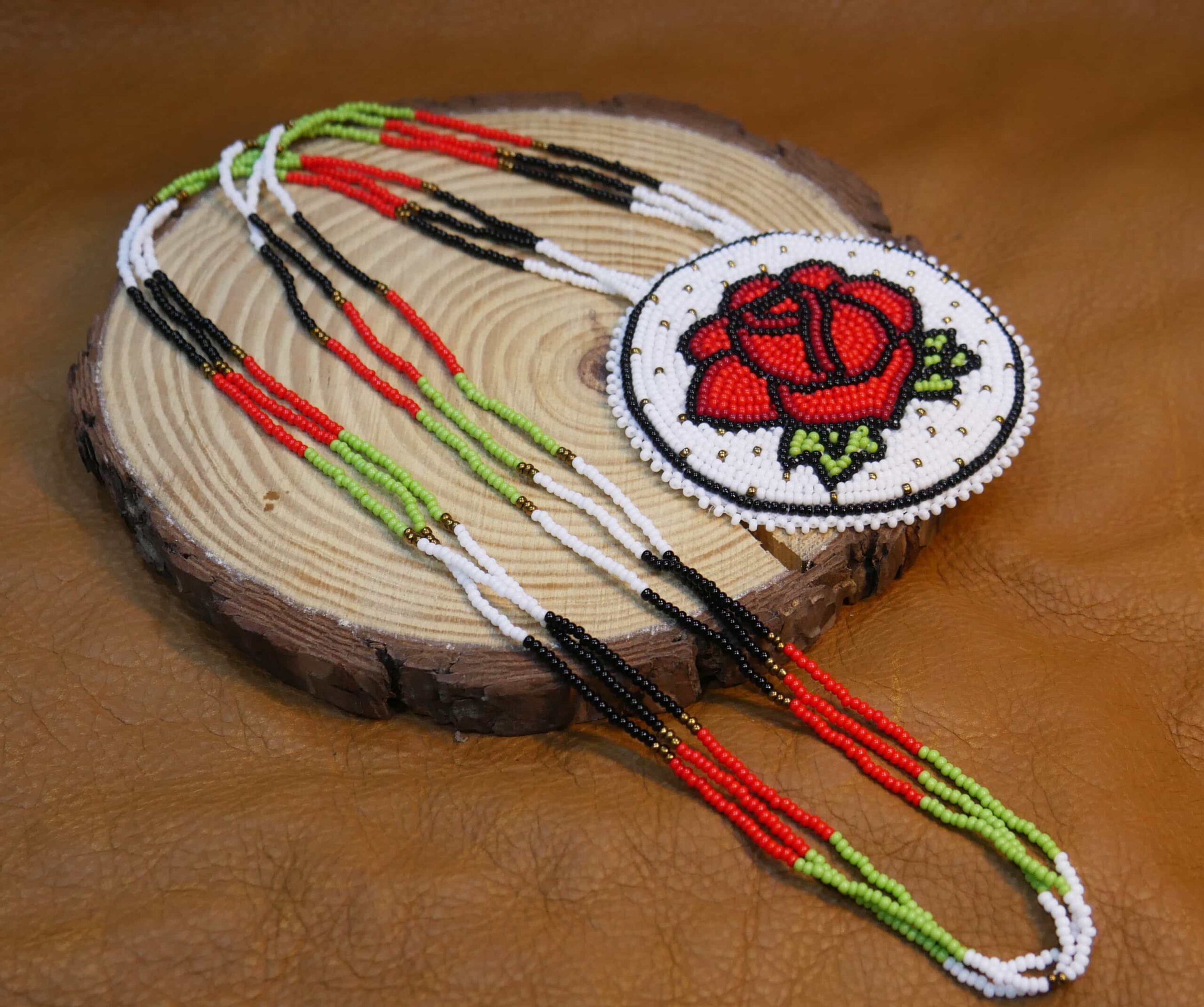 Native American Style Beaded Medallion Necklace (White Rose)
