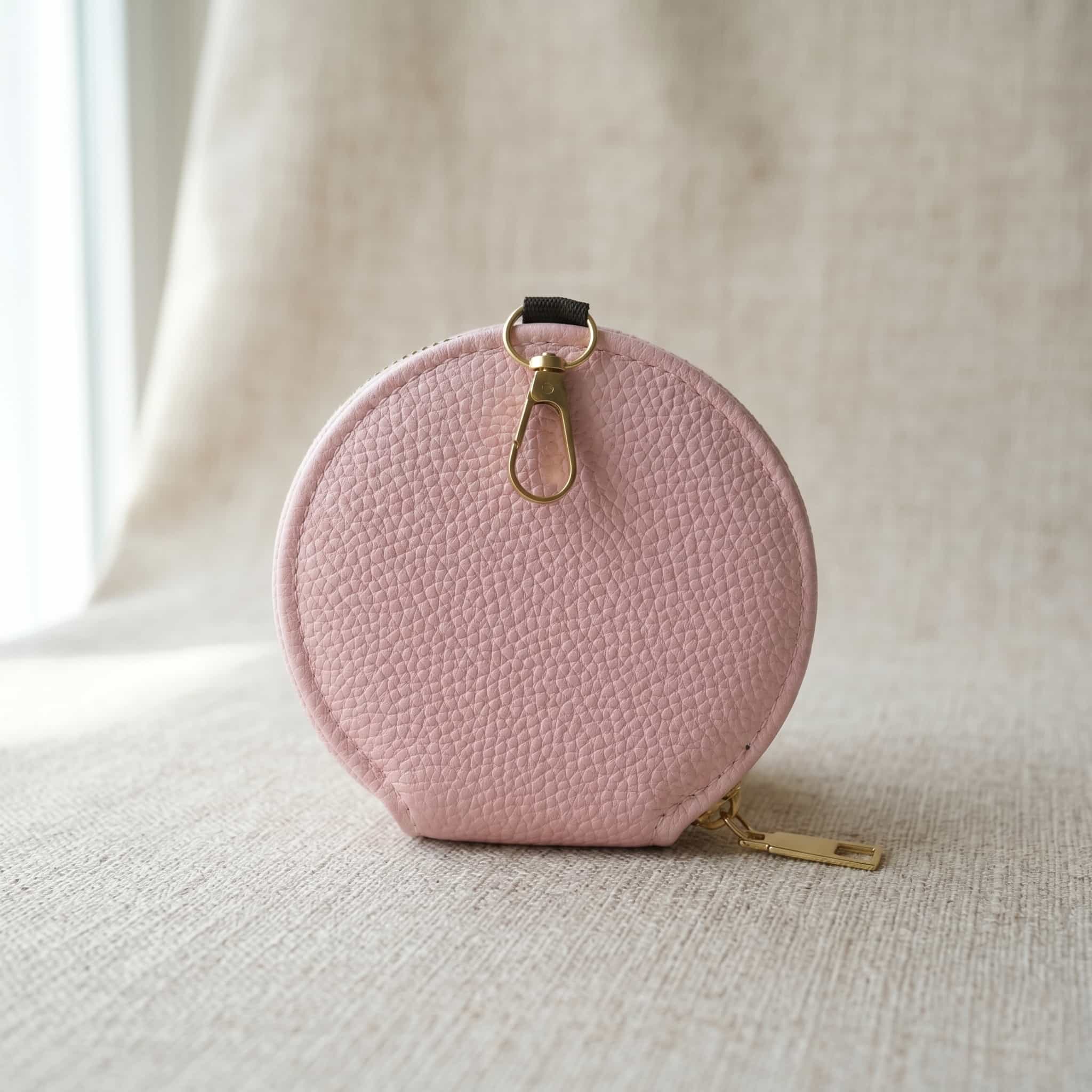 Leather Round Zipper Coin Bag Minimalist wallet (Pink)