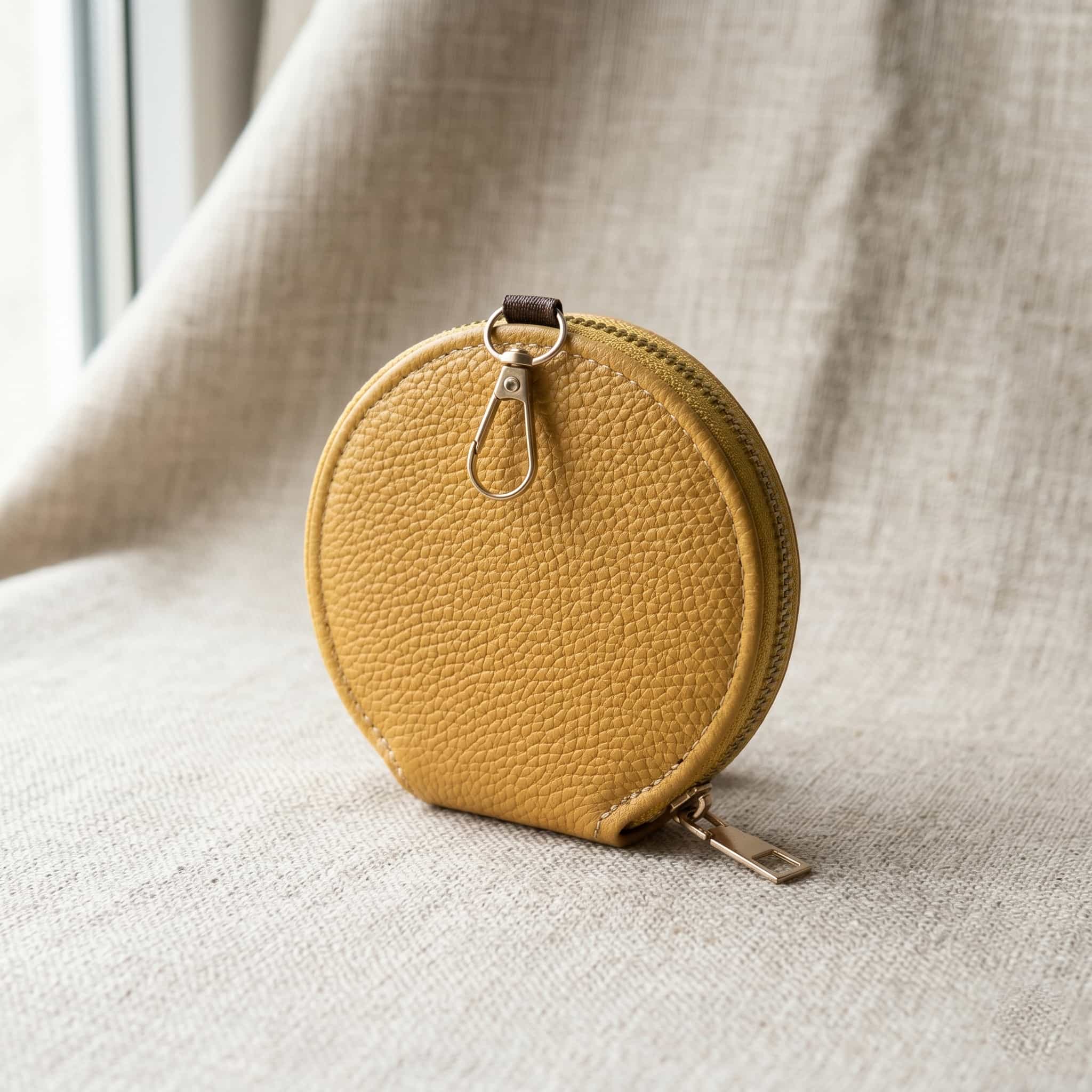 Leather Round Zipper Coin Bag Minimalist wallet (Golden Yellow )