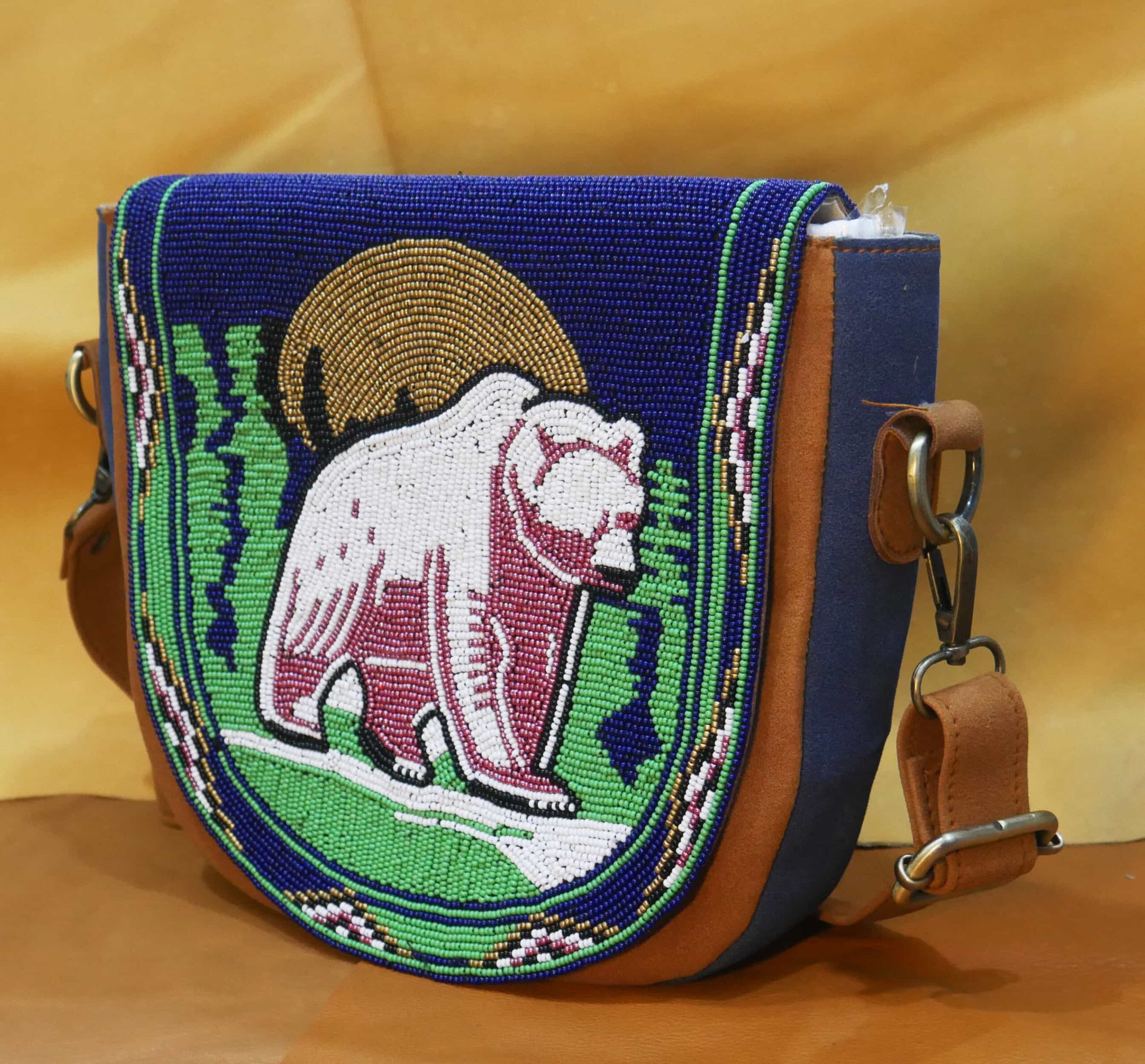 Handmade Beaded Leather Crossbody bag Shoulder Bag, Gift for Her, Gift for him (Blue Bear)