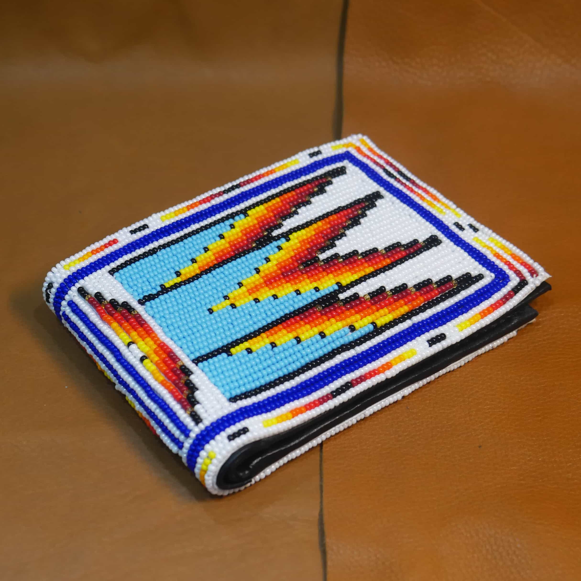 Handmade Native American Seed beads Beaded Genuine Leather Wallet ( Blue & White )