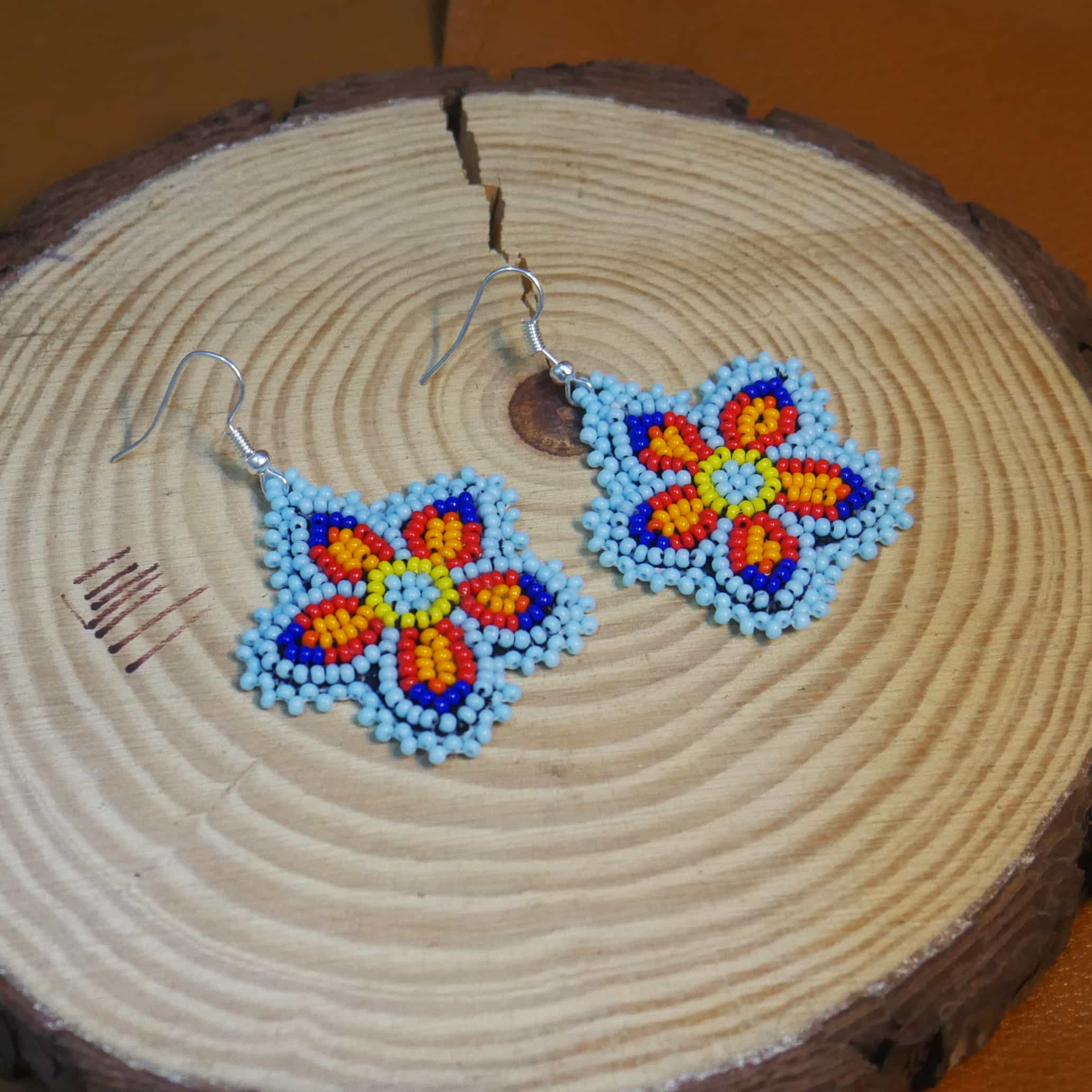 Native American Beaded Earrings Tribal beaded Earring ( Light Blue Floral )