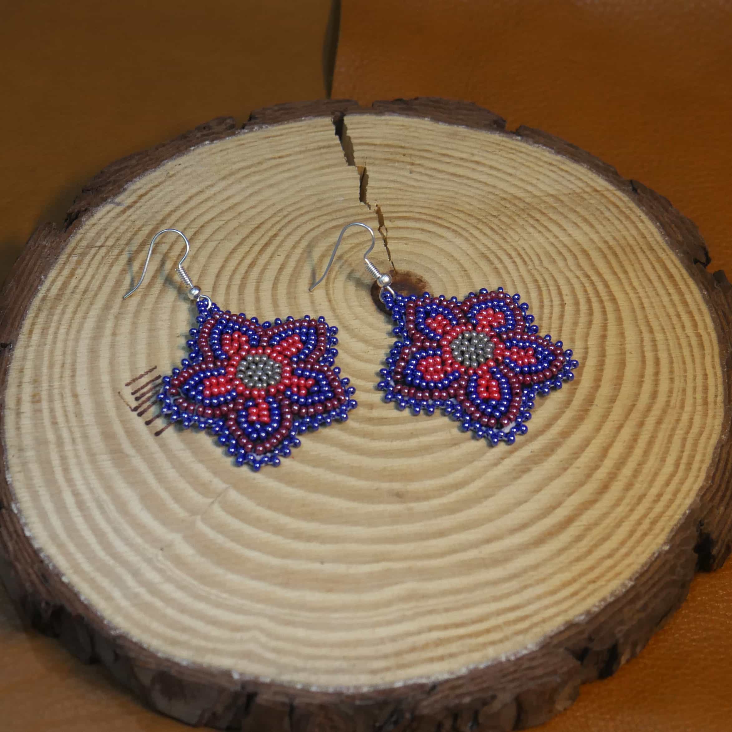 Native American Beaded Earrings Tribal beaded Earring ( Blue & Brownish Red )