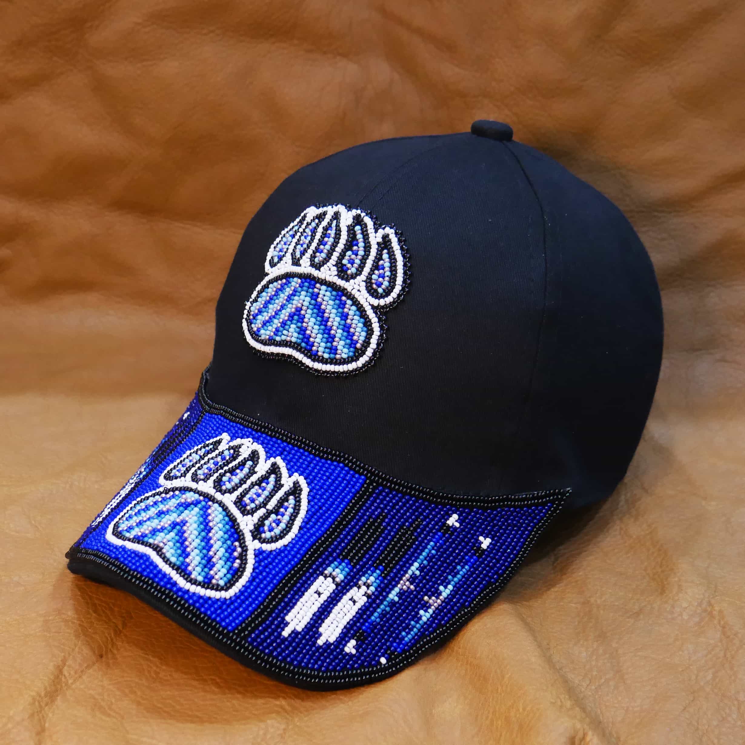 Native American Beaded cap | Beaded Baseball cap| Beaded Hat | Beaded Trucker HAT | Cap for Men | caps for Women (Black & Blue Bear-Paw)