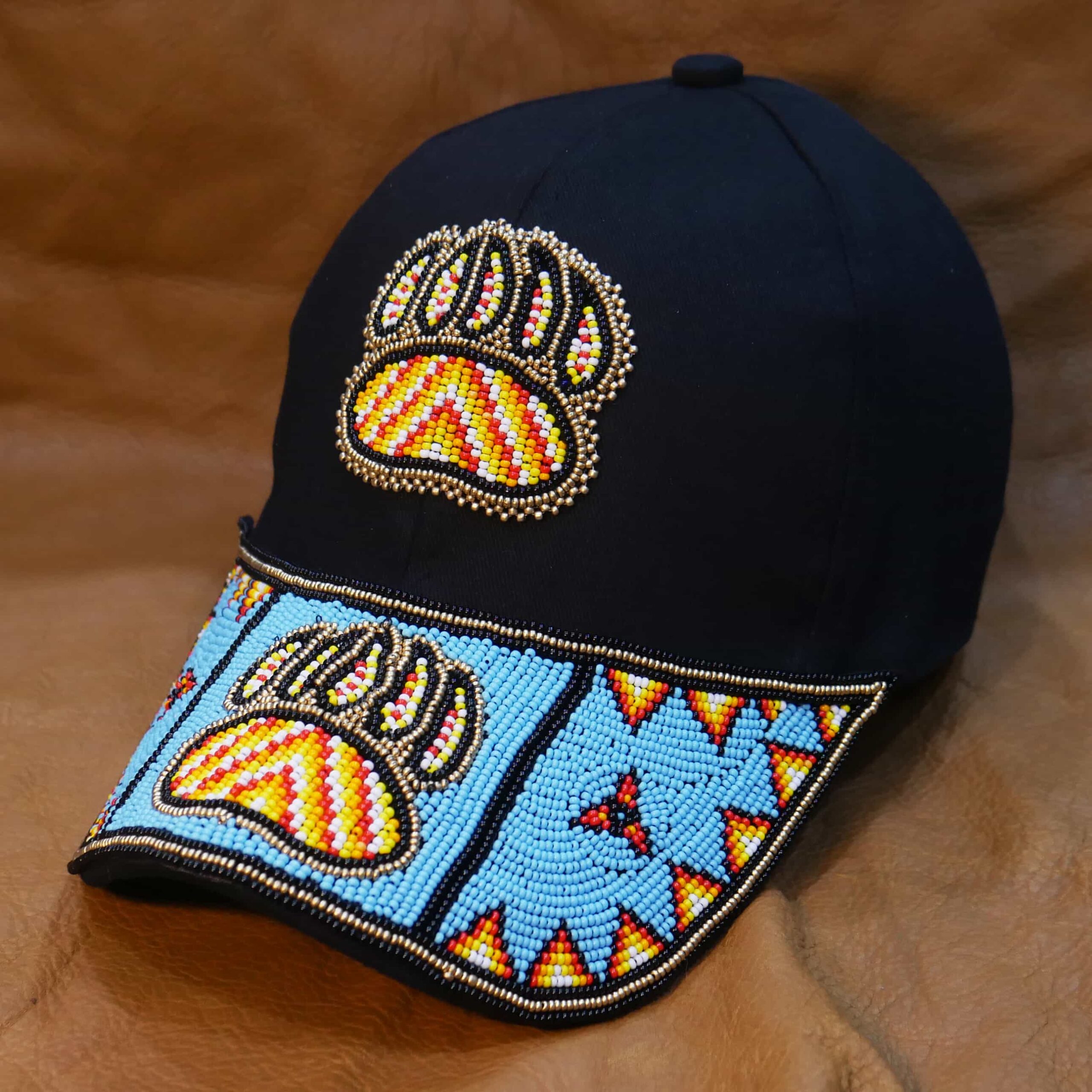 Native American Beaded cap | Beaded Baseball cap| Beaded Hat | Beaded Trucker HAT | Cap for Men | caps for Women ( Sky-Blue Bear-Paw )