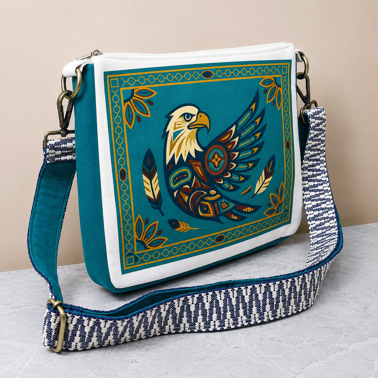 Native American Southwest Canvas Tote bag Crossbody tote bag ( Turquoise Eagle )