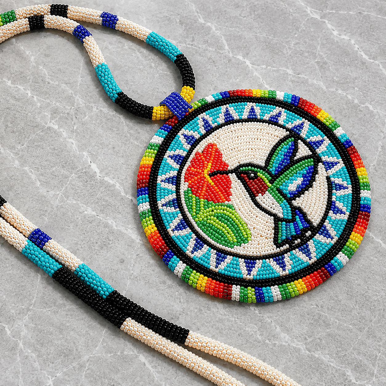 Native American Large Beaded Medallion Necklace (Hummingbird )