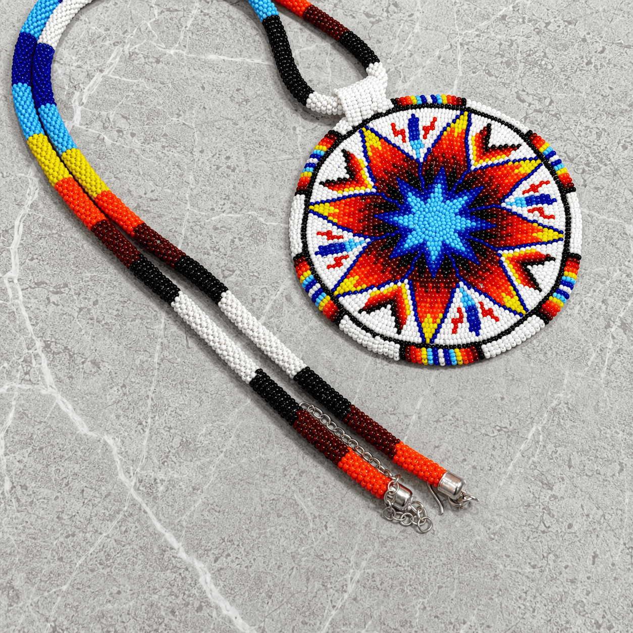 Native American Large Beaded Medallion Necklace (White Morning Star )
