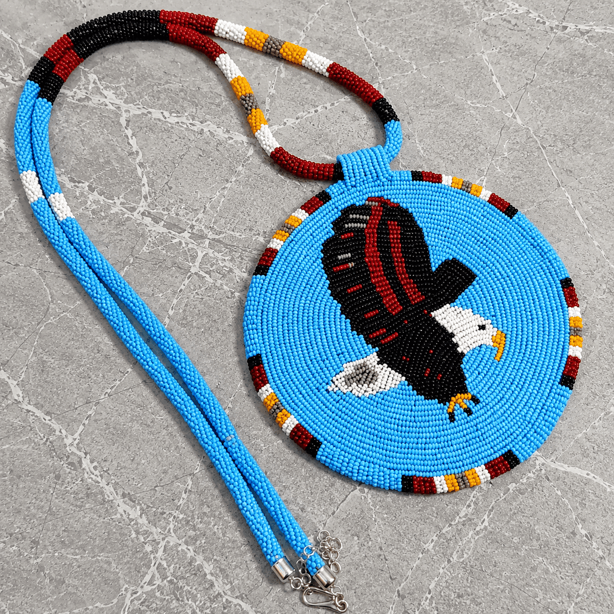 Native American Large Beaded Medallion Necklace (Sky-Blue Eagle )