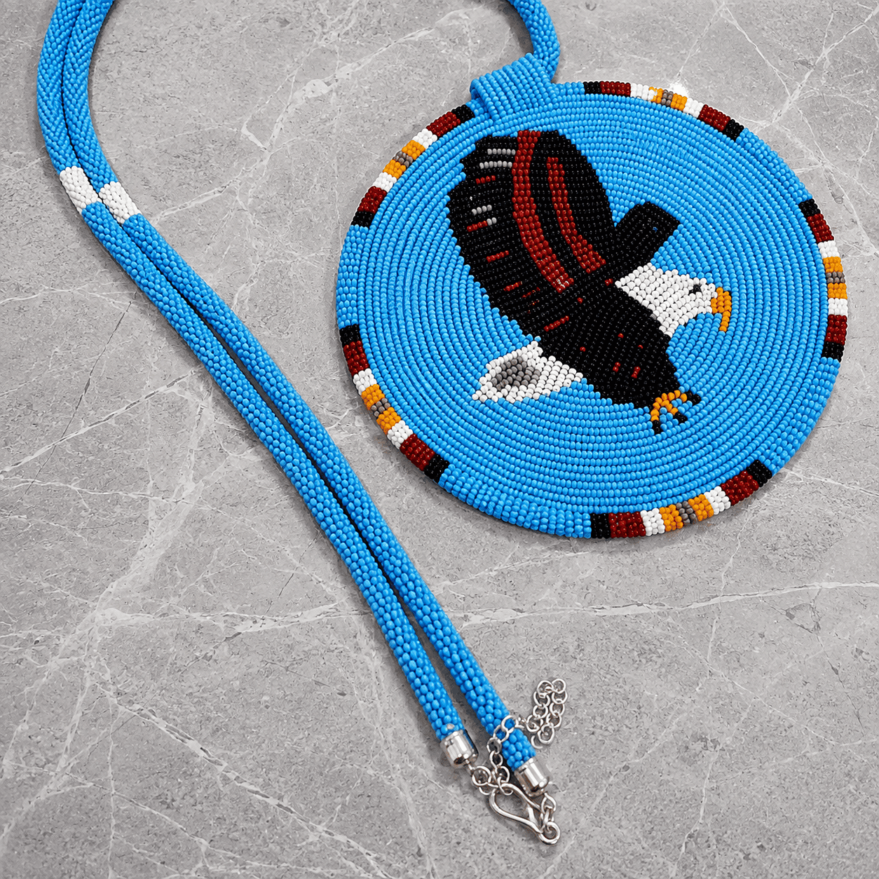 Native American Large Beaded Medallion Necklace (Sky-Blue Eagle ) - Image 4