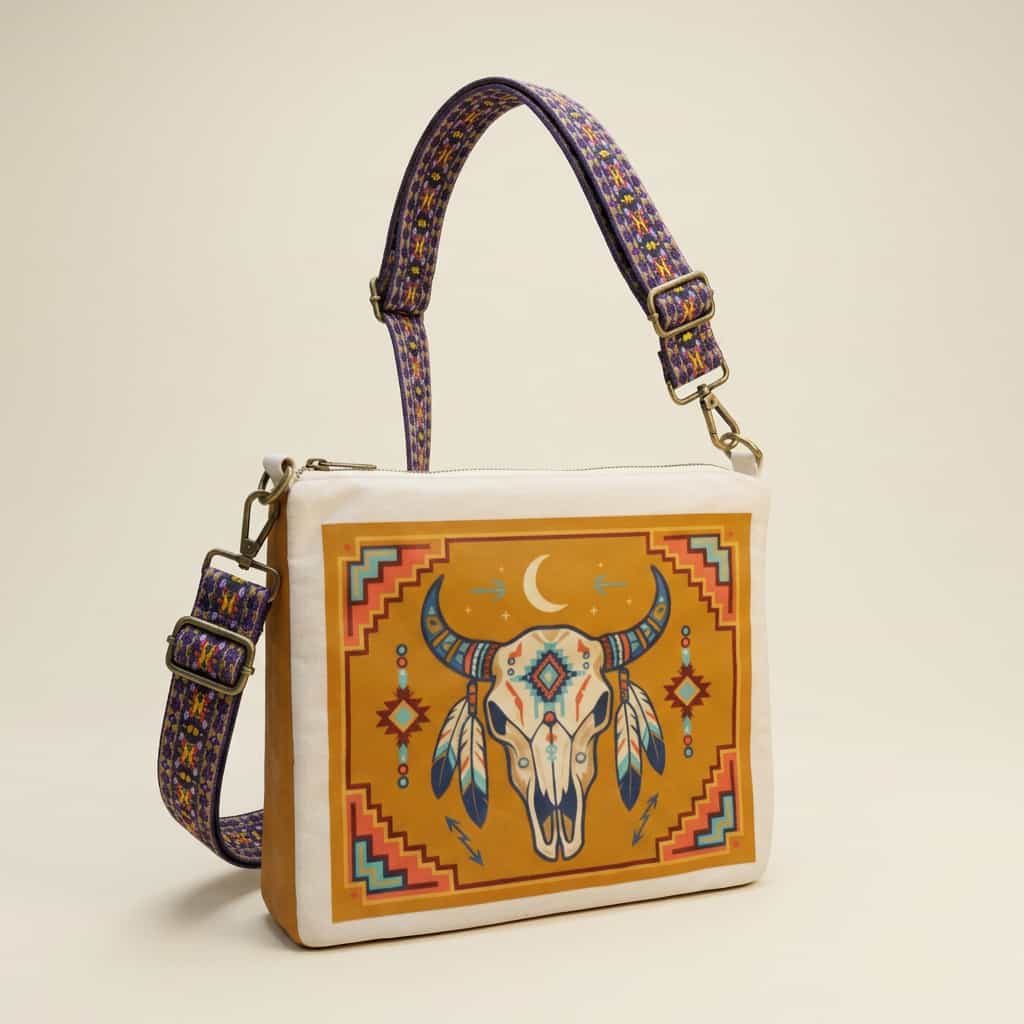 Native American Southwest Canvas Tote bag Crossbody tote bag ( Light Orange Skull )