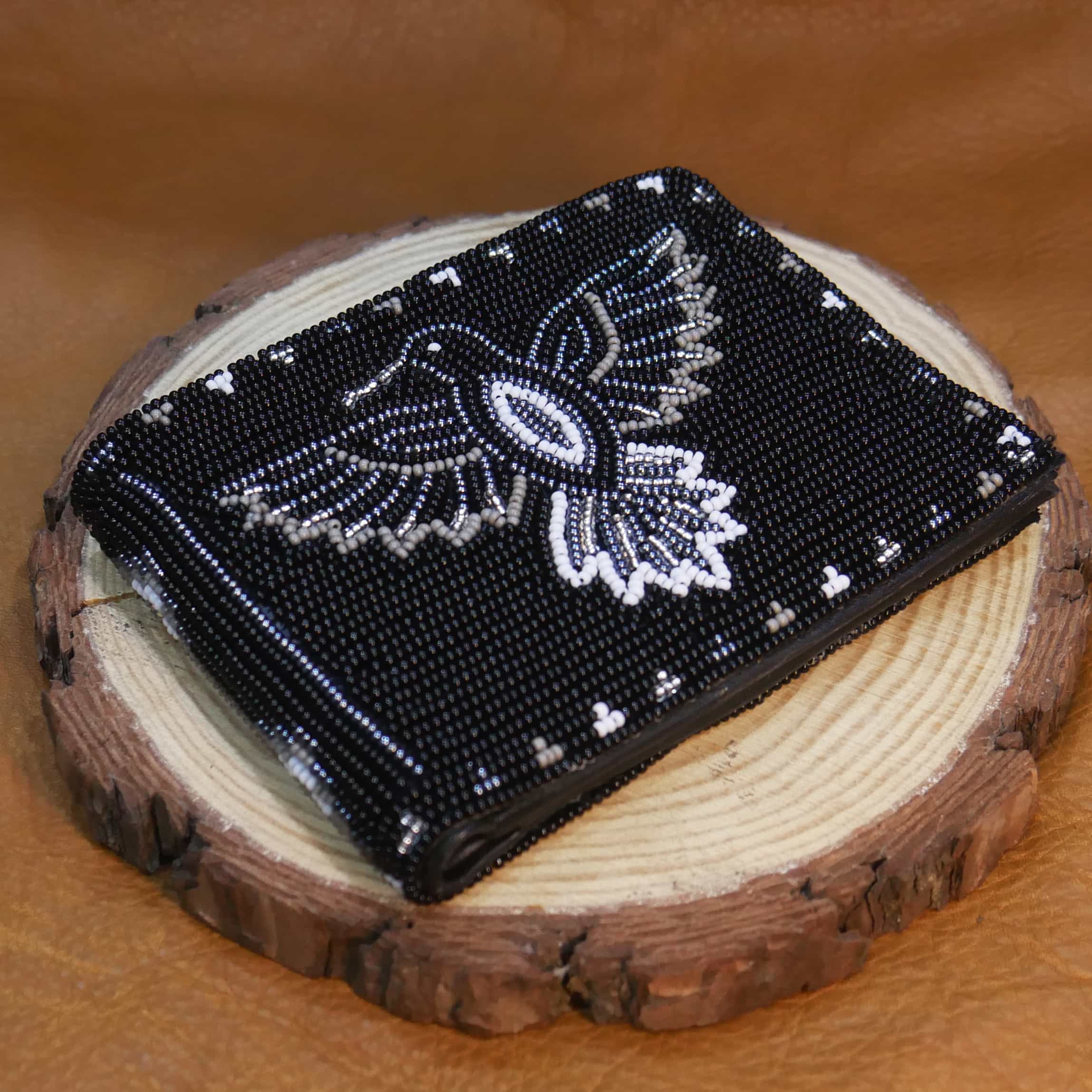 Handmade Native American Seed beads Beaded Genuine Leather Wallet (Black Bird )