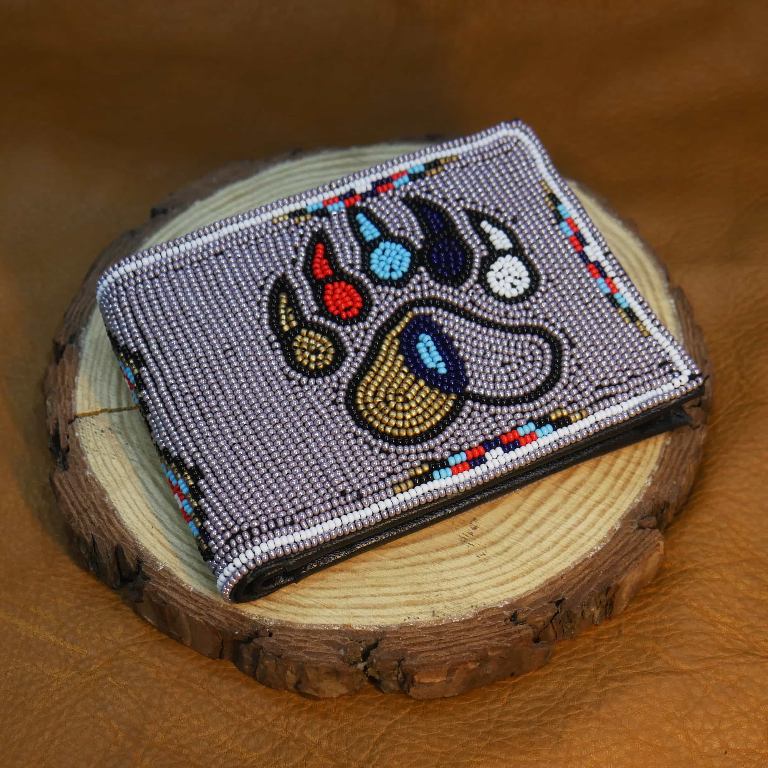 Handmade Native American Seed beads Beaded Genuine Leather Wallet ( Ice blue Bear-Paw )