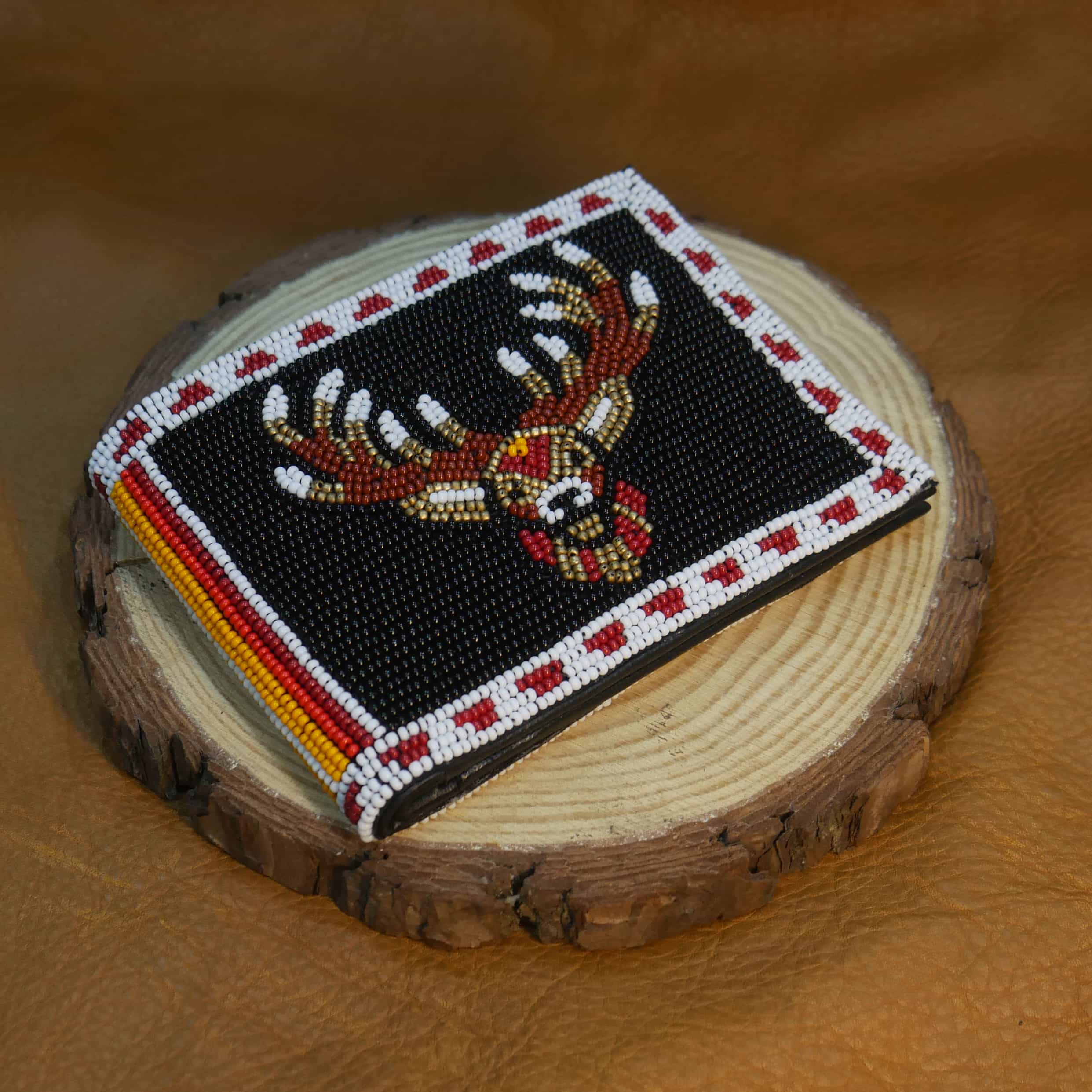 Handmade Native American Seed beads Beaded Genuine Leather Wallet ( Black Reindeer )