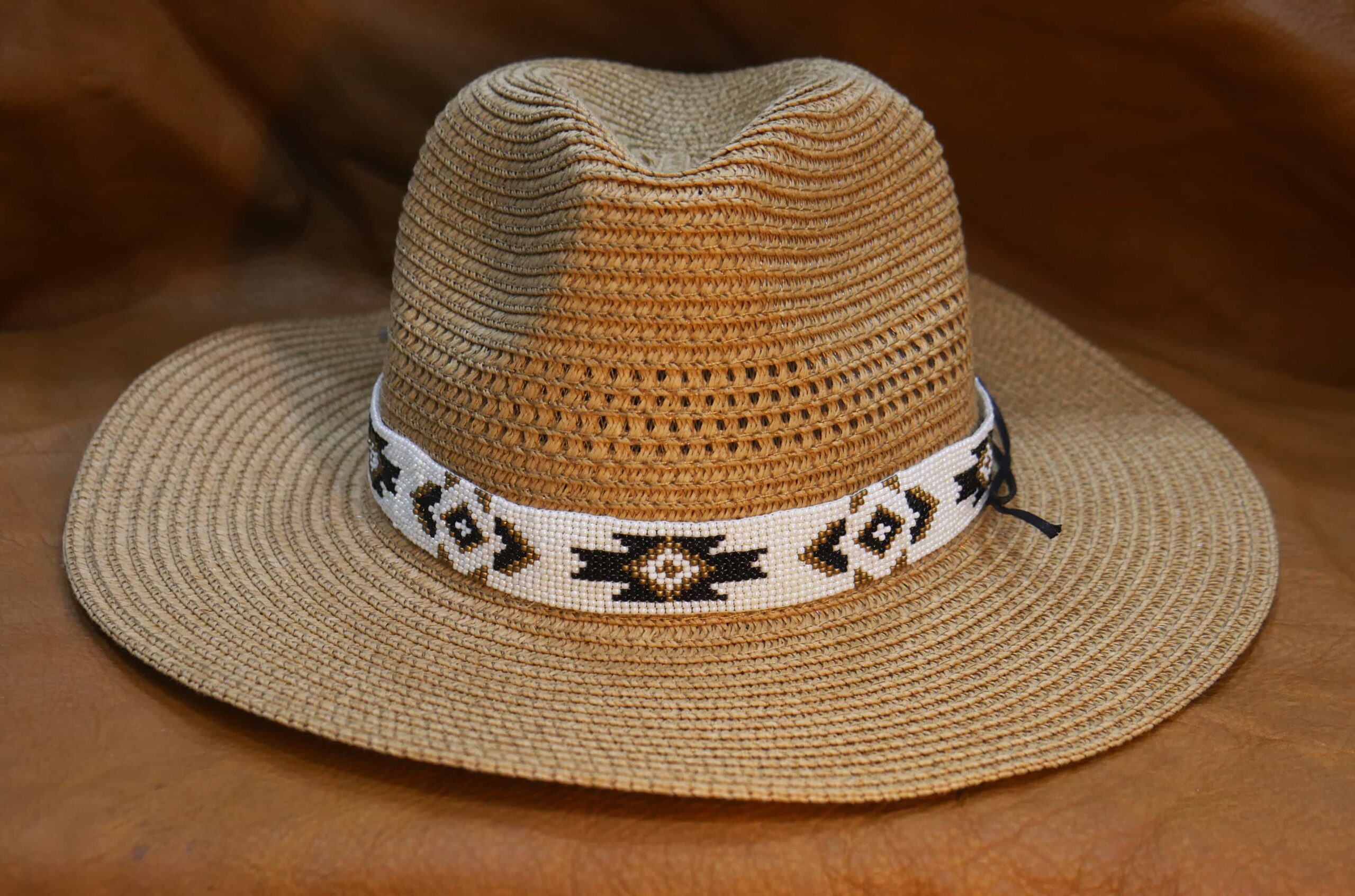 Bead Hatband Native American Style Southwestern Cowboy Rode Handmade Head/Hat Band Collection (White Geometric)