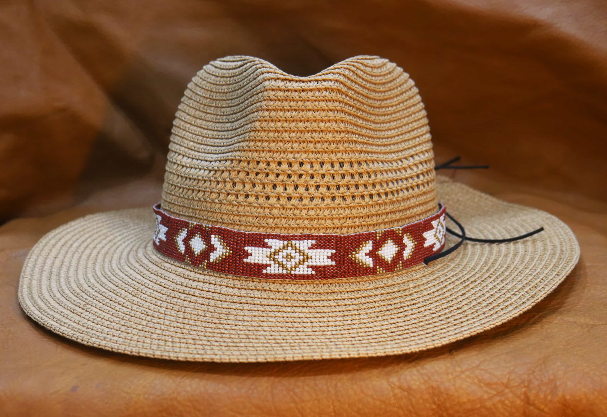 Native American Beaded Hatband Southwestern Cowboy Rode Handmade Head/Hat Band Collection ( Brown Geometric )