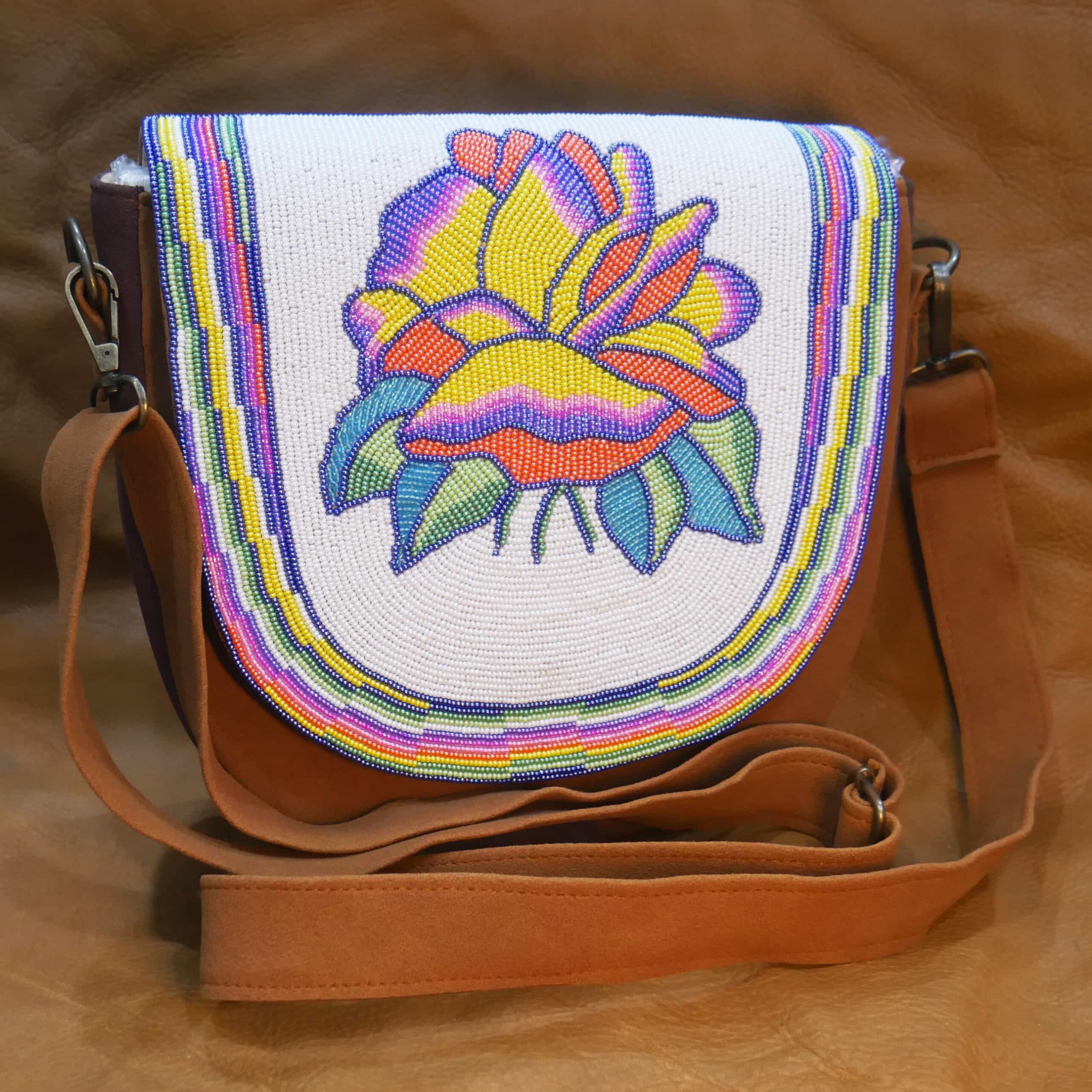 Handmade Beaded Leather Crossbody bag Shoulder Bag, Gift for Her, Gift for him (White Floral )