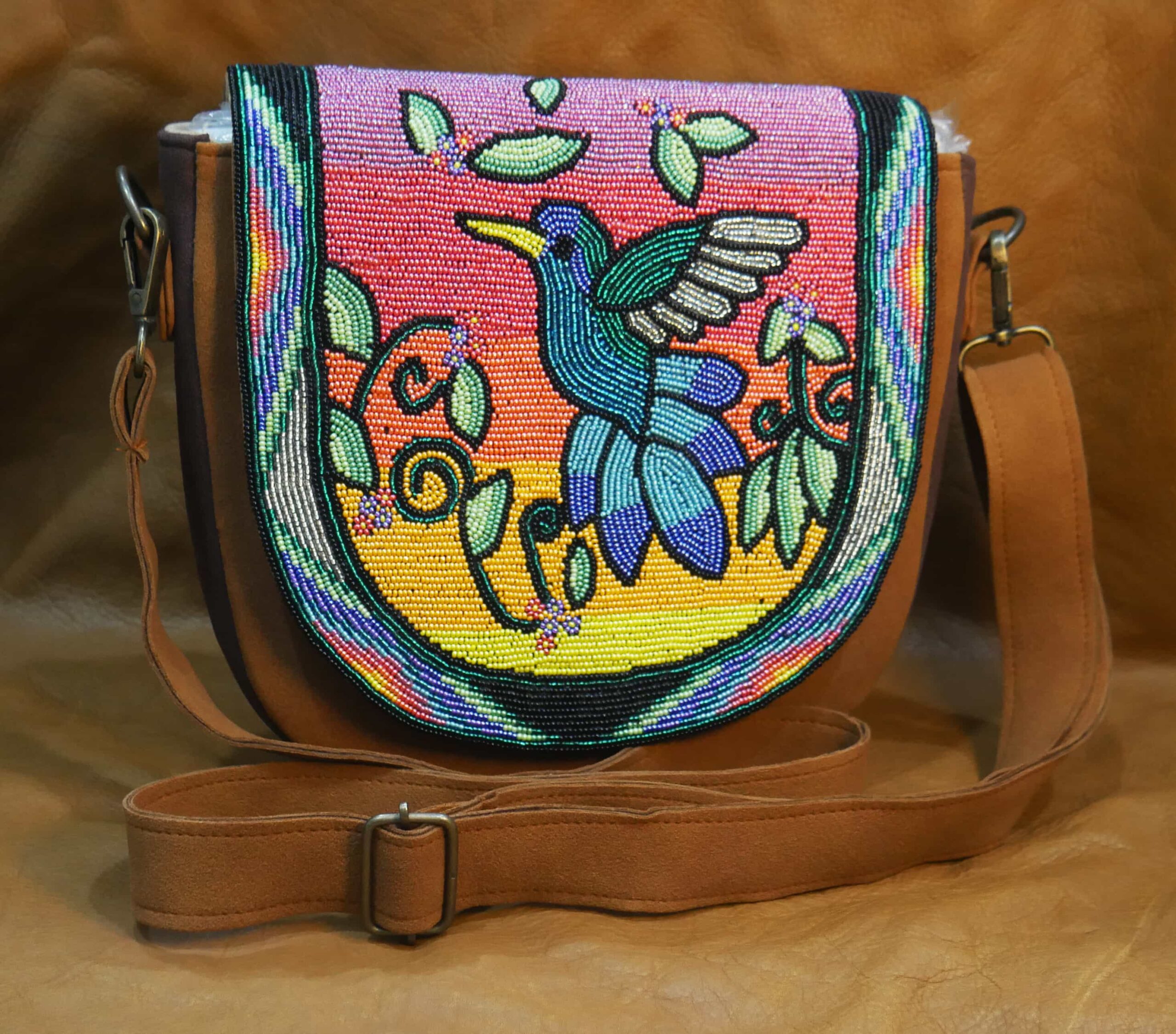 Handmade Beaded Leather Crossbody bag Shoulder Bag, Gift for Her, Gift for him (Hummingbird Floral )