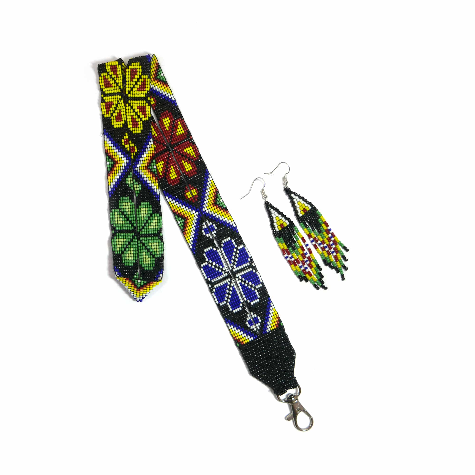 Green Floral Flower beaded Id Holder with matching Beaded Earrings