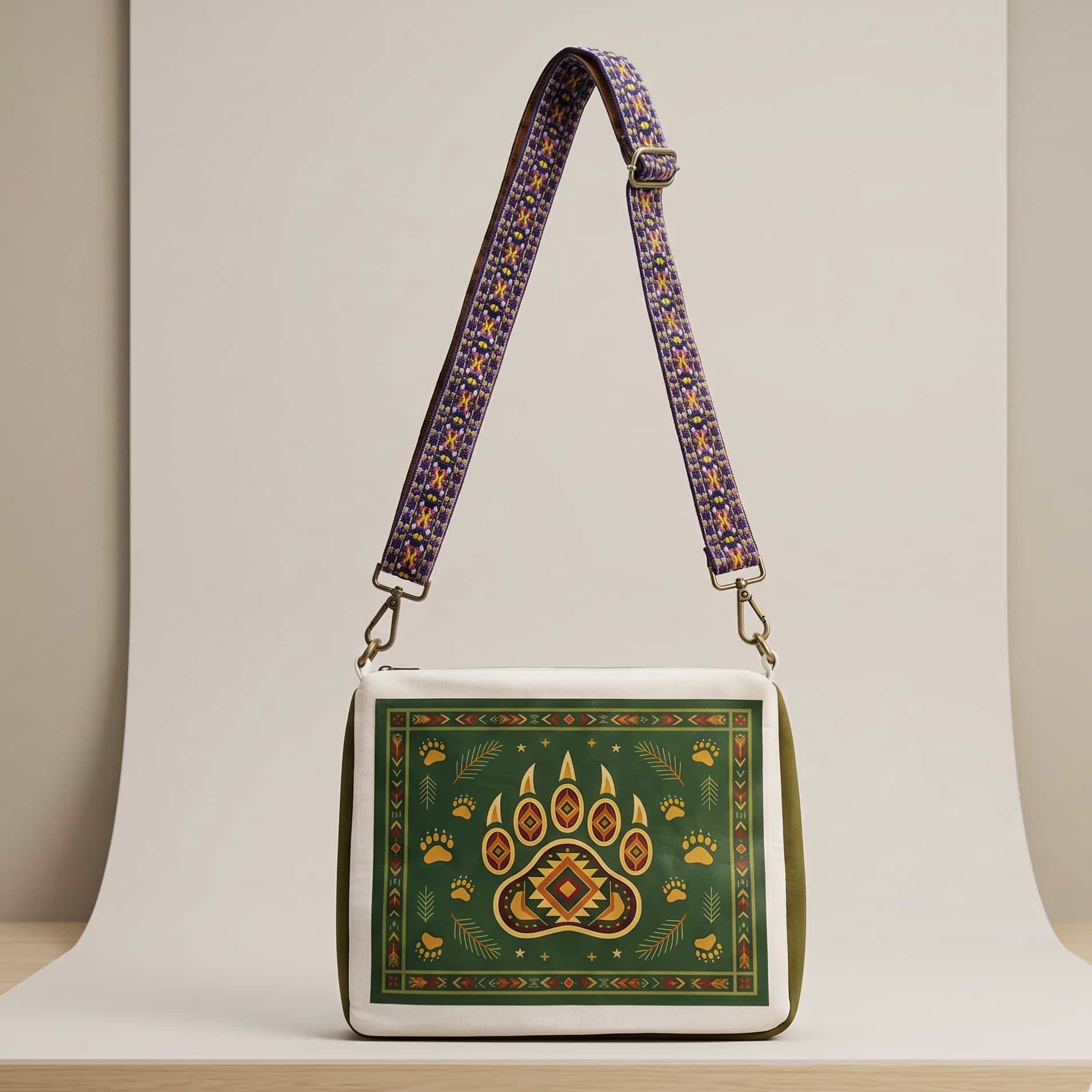 Native American Southwest Canvas Tote bag Crossbody tote bag (Green Bear-Paw )