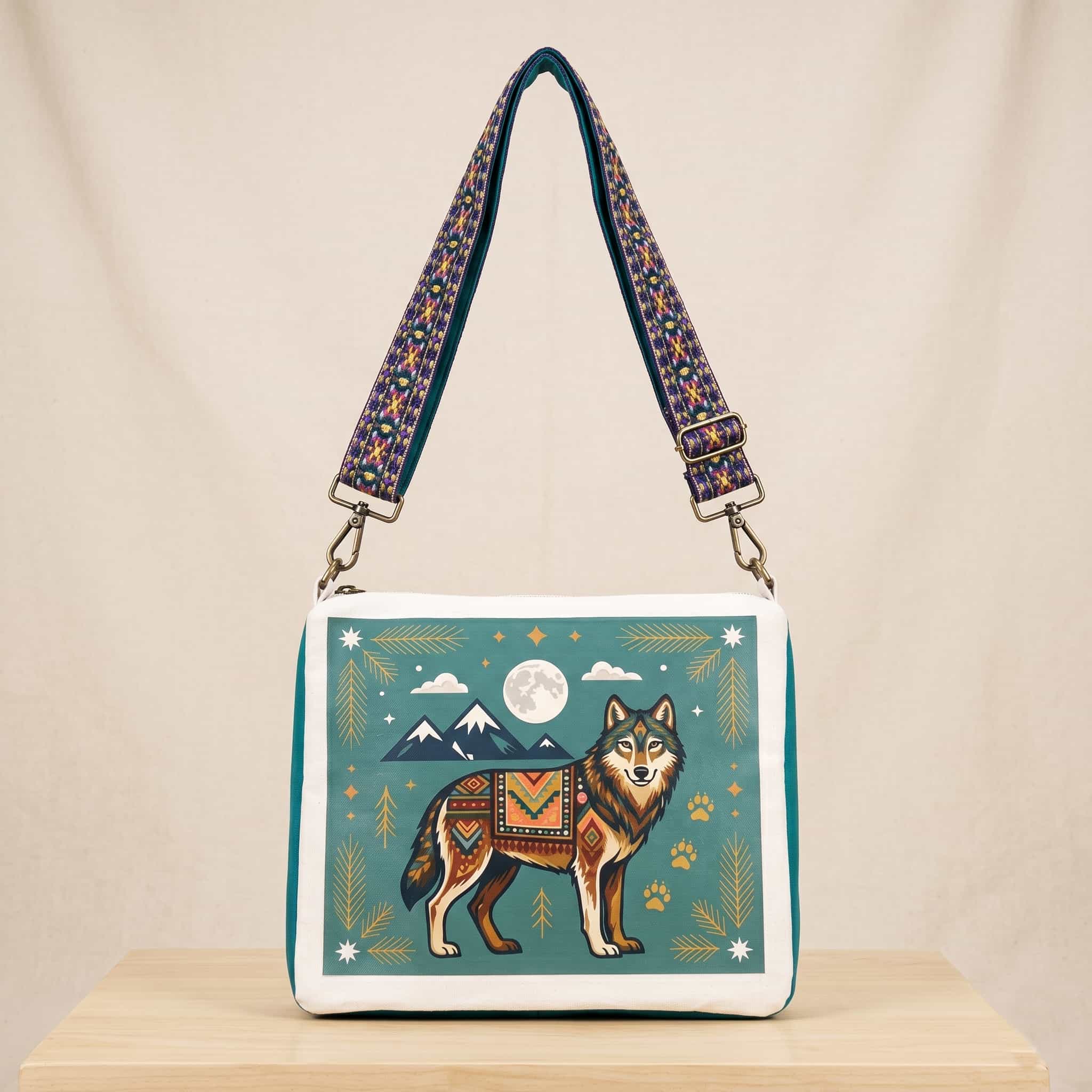 Native American Southwest Canvas Tote bag Crossbody tote bag ( Turquoise Wolf )