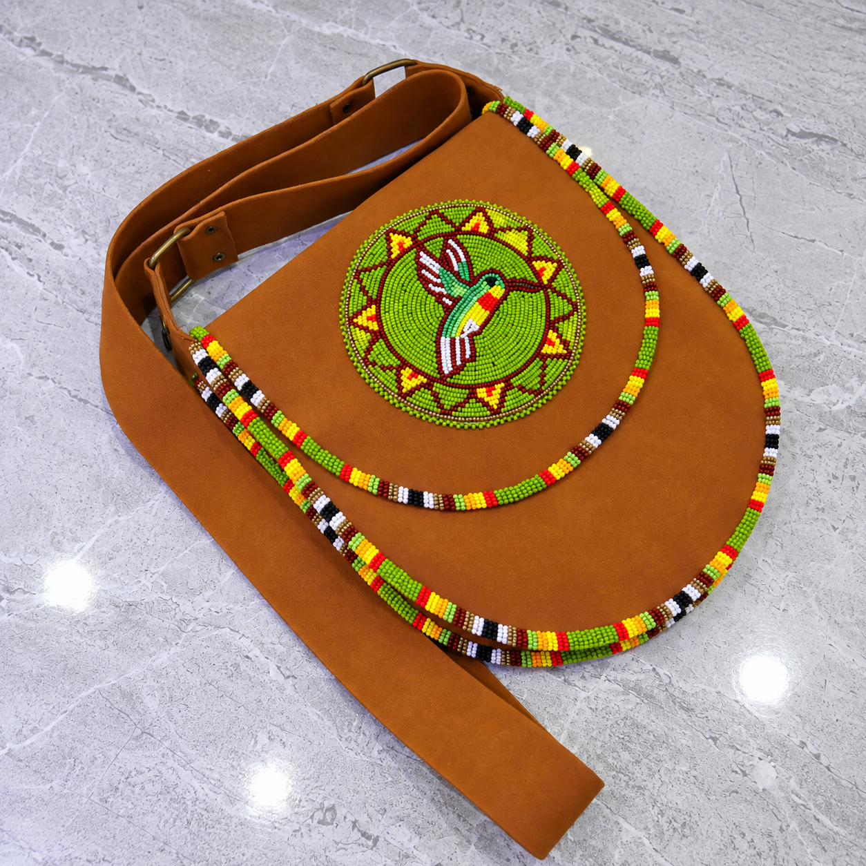Handmade Beaded Leather Crossbody bag Shoulder Bag, Gift for Her, Gift for him (Green Hummingbird )