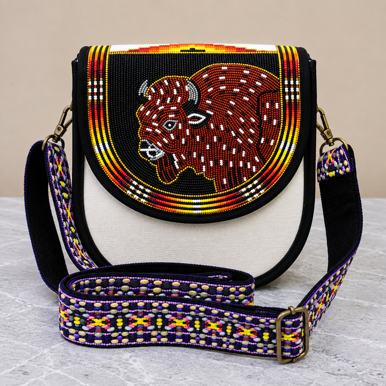Handmade Native American Beaded Canvas Crossbody Bag , Shoulder Bag, Gift for Her, Gift for him ( Black& Brown Bull )