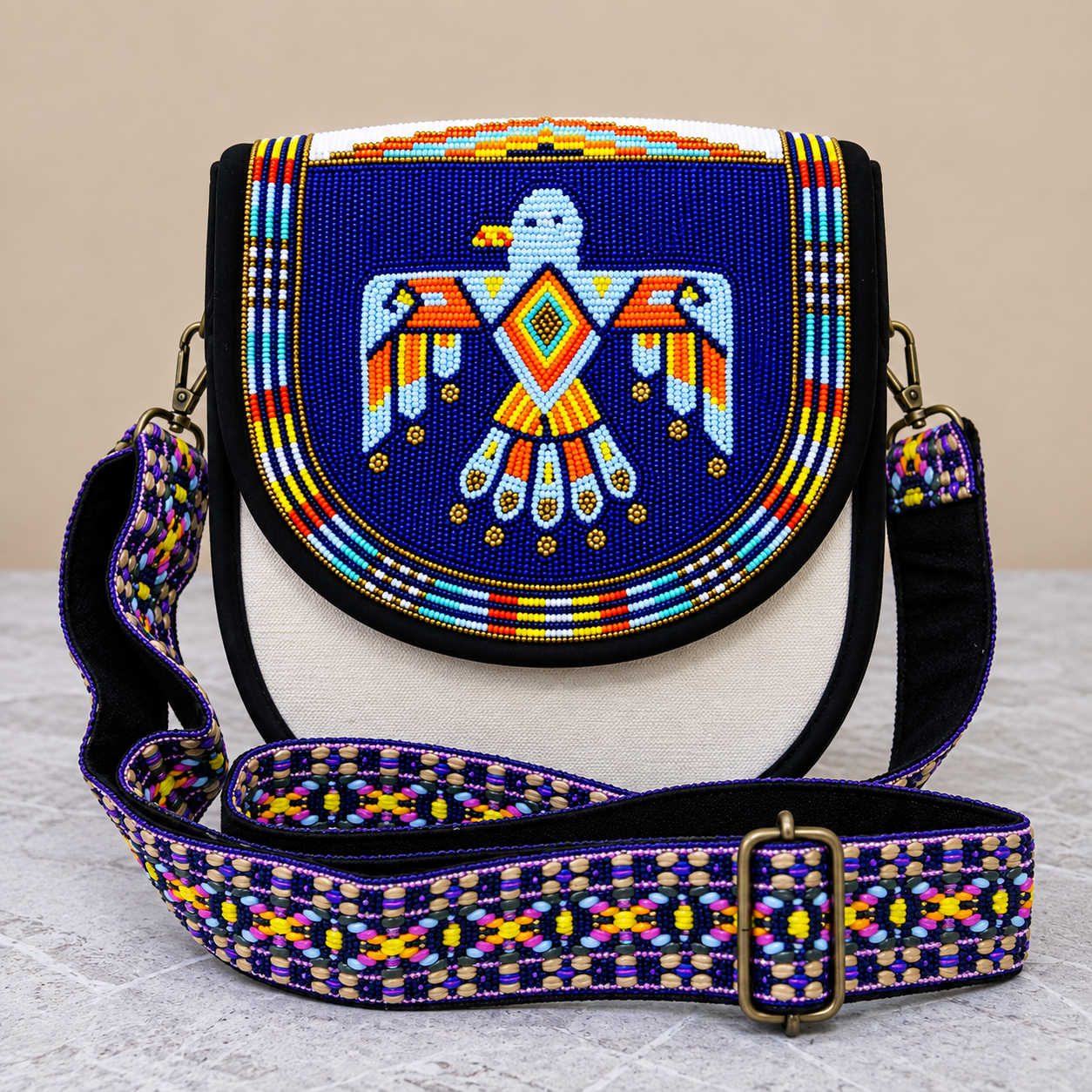 Handmade Native American Beaded Canvas Crossbody Bag , Shoulder Bag, Gift for Her, Gift for him ( Deep Blue Thunderbird)