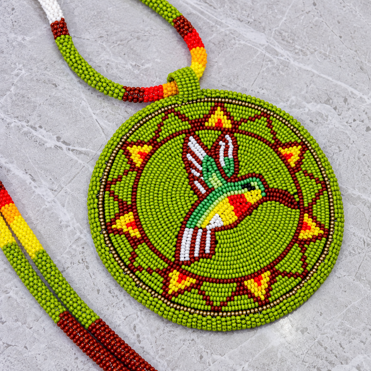 Native American Large Beaded Medallion Necklace (Green Hummingbird) - Image 4