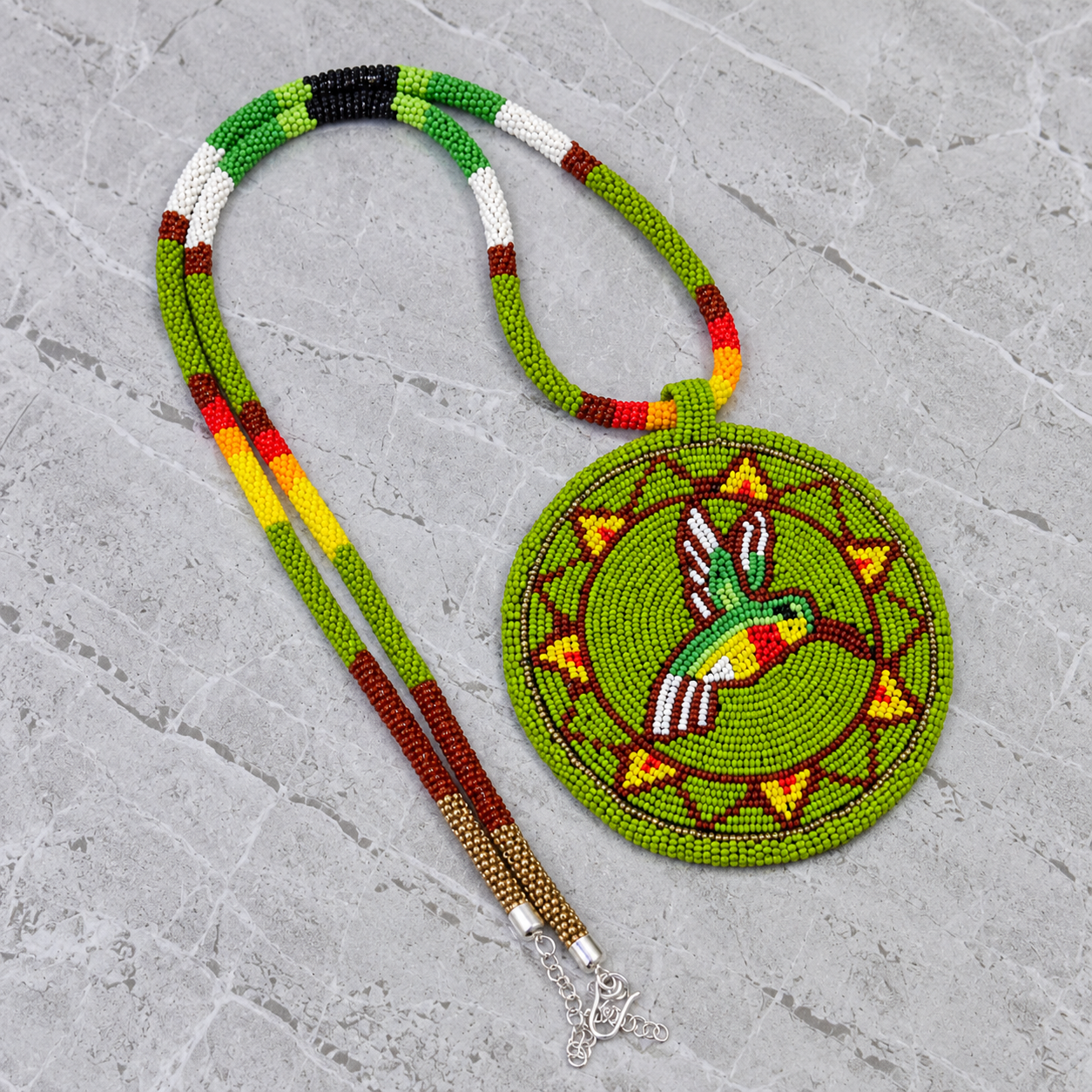 Native American Large Beaded Medallion Necklace (Green Hummingbird)