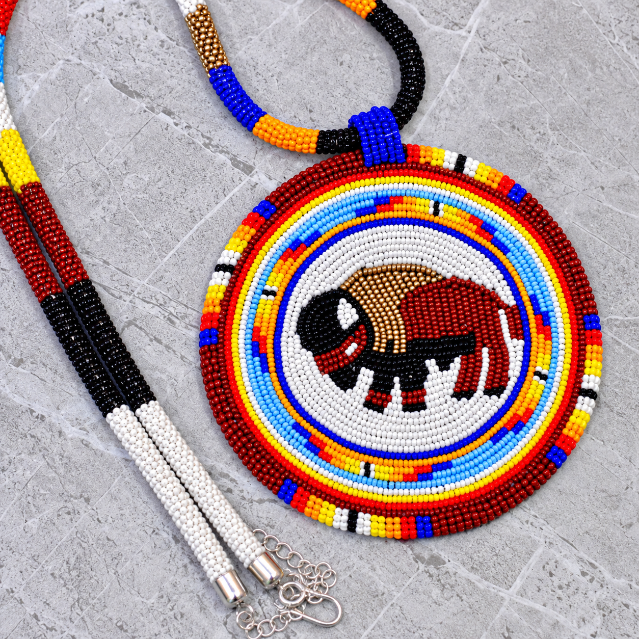 Native American Large Beaded Medallion Necklace (White & Black Bull ) - Image 4
